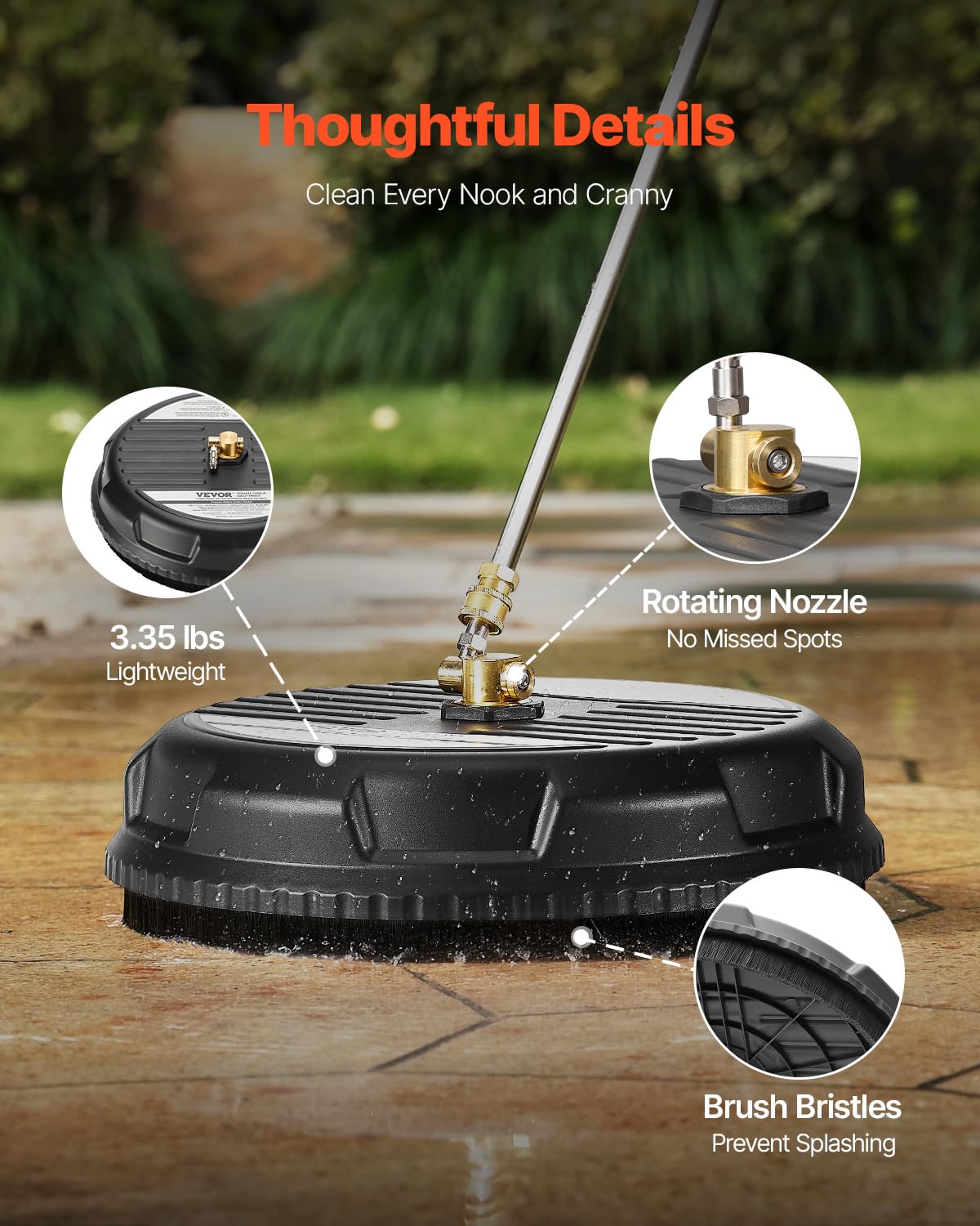 VEVOR 38.1 cm myjka ciśnieniowa do czyszczenia powierzchni, plastikowe nasadki do myjki ciśnieniowej z 4 kółkami, maks. 3000 PSI, szybkozłącze 1/4, 2 dysze natryskowe, 2 przedłużone różdżki na