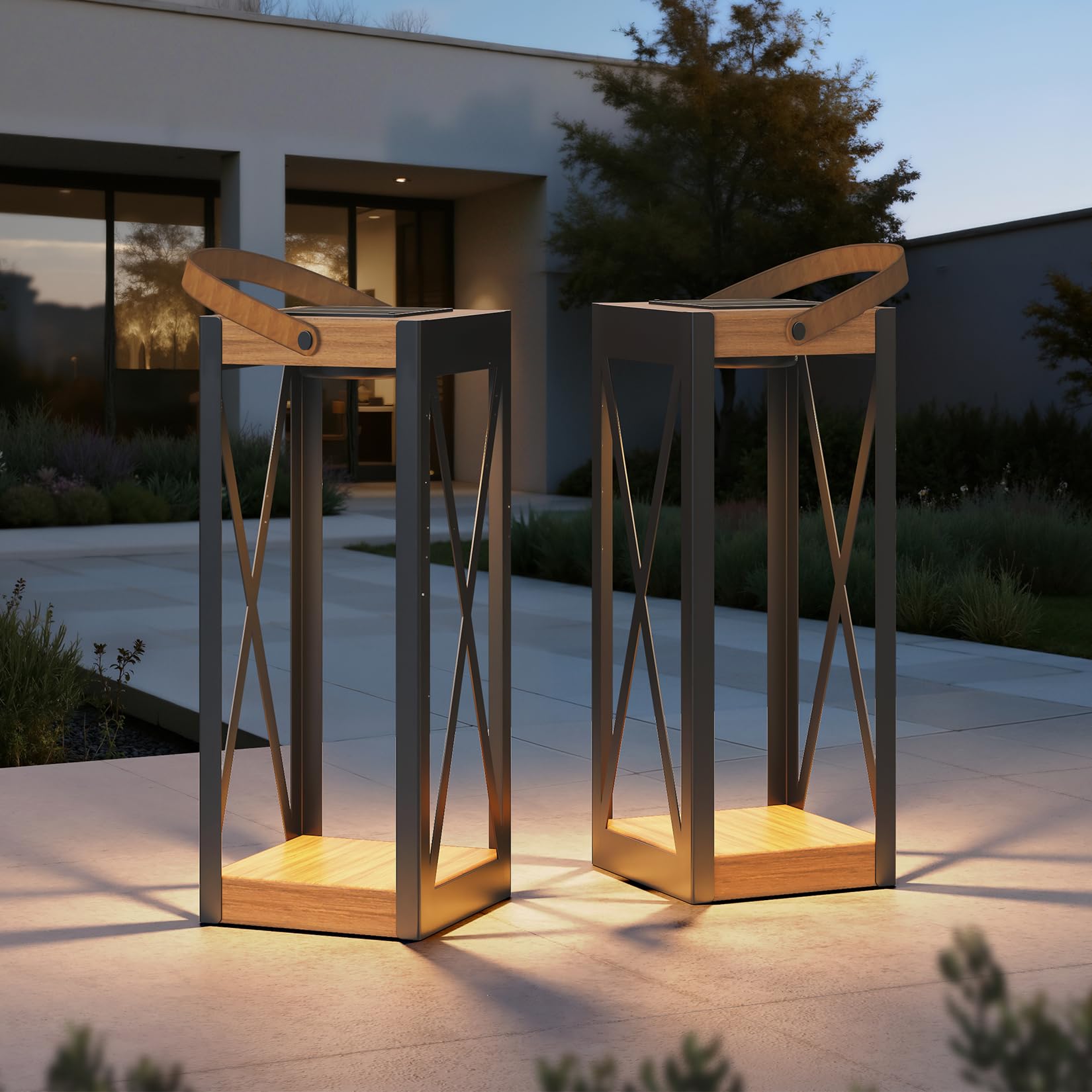 Solar Yard Outdoor Solar Floor Lamp Set of 2, IP65 Waterproof Metal Lantern with 50/100 Lumens &amp; Memory Mode, Solar Patio Light for Porch, Yard &amp; Garden, Large X-Black