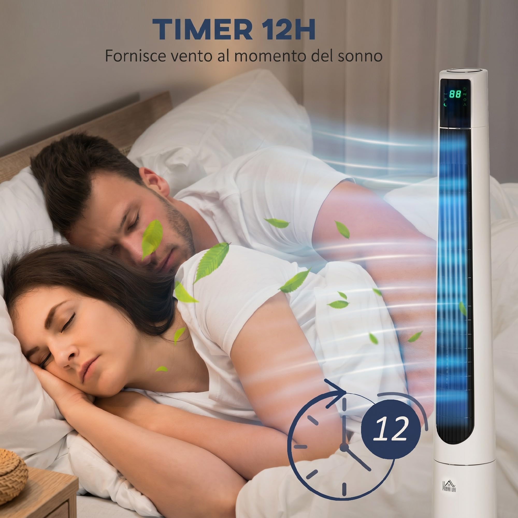HOMCOM Ventilatore a Torre 50W a 3 Modalità e 3 Velocità, Ventilatore da Terra con Timer da 12h e Telecomando in ABS, Ø32x118.2 cm, Bianco
