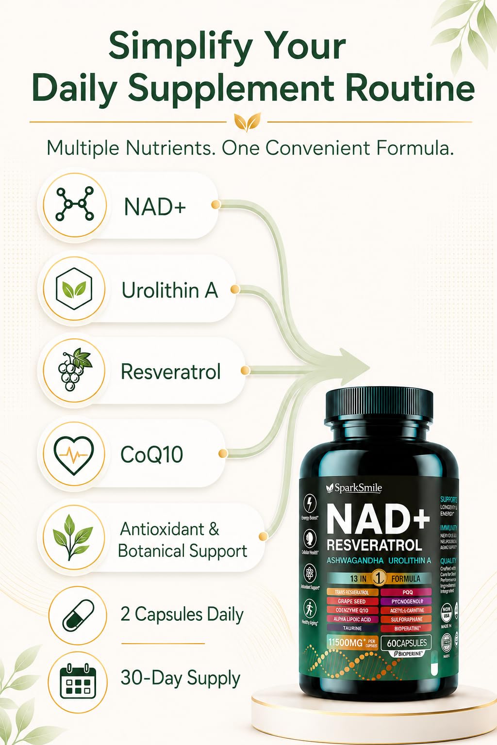NAD Supplement for Women & Men, 13-in-1 NAD+ Complex with Urolithin A, Resveratrol & CoQ10, Cellular Energy, Focus & Daily Vitality Support, 60 Capsules — Amazon image 4