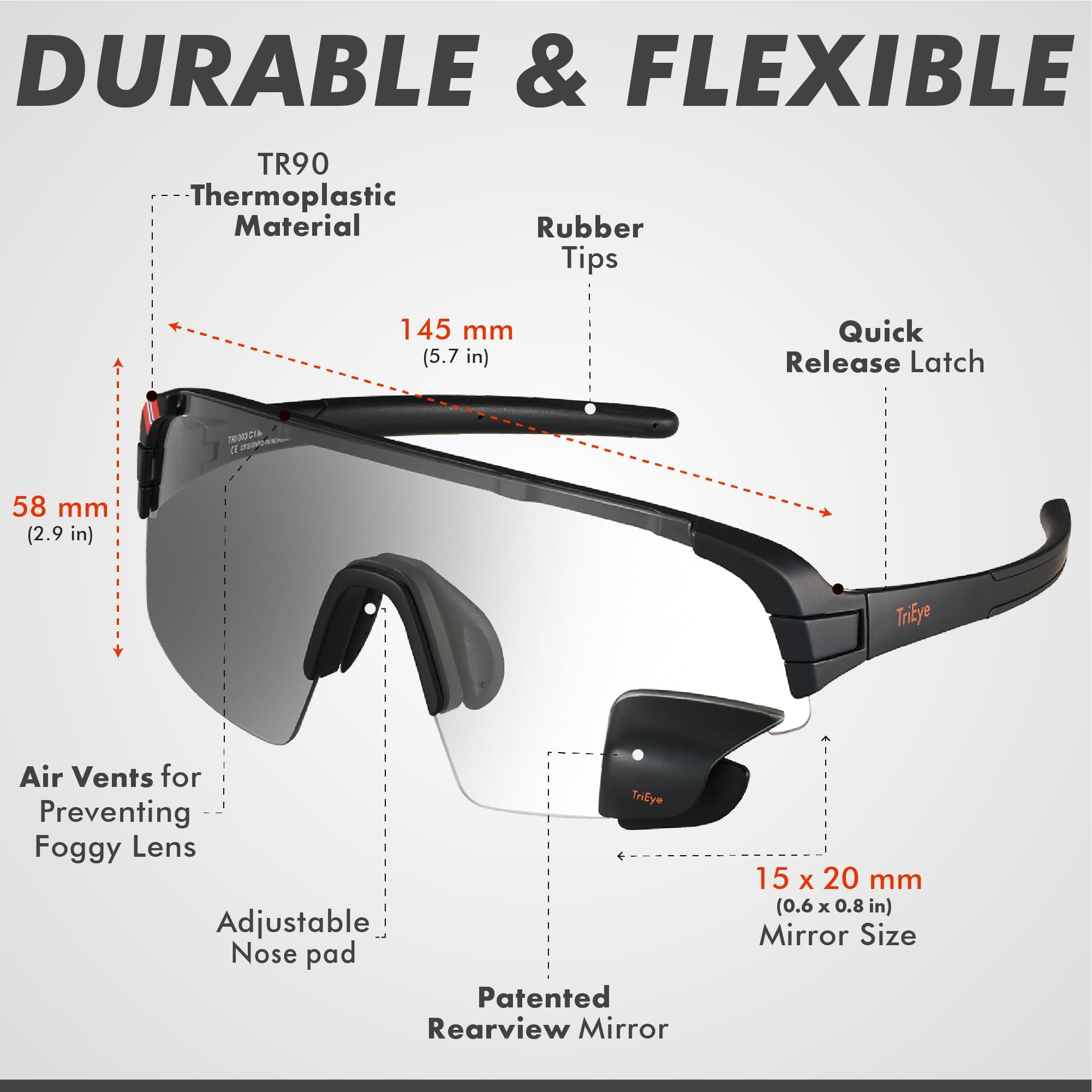TriEye Okulary rowerowe z lusterkiem wstecznym UV400, fotochromatyczne 0-3 | Sportowe okulary przeciwsłoneczne dla kobiet i mężczyzn Lekkie okulary rowerowe z ochroną UV400 - fotochromatyczne 0-3