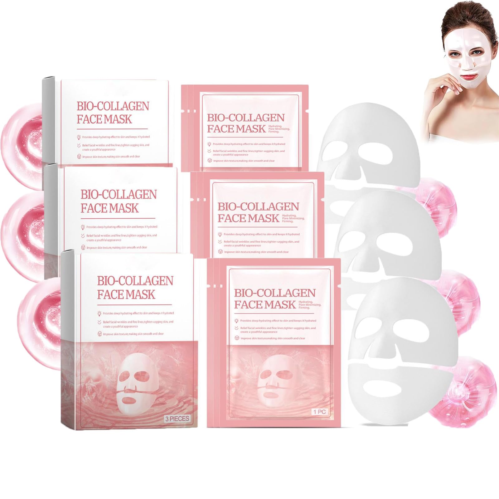 Deep Collagen Anti Wrinkle Lifting Mask,Bio-Collagen Real Deep Mask, Hydrating Overnight Hydrogel Mask, Pore Minimizing, Elasticity Improvement (3box-9pcs)