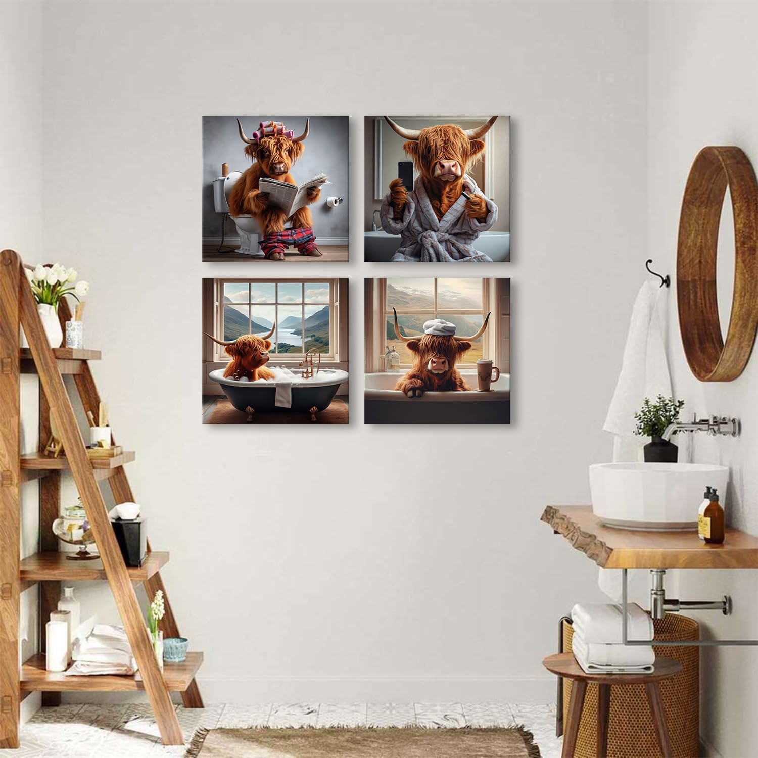Bathroom Highland Cow Wall Decor Funny Cow Wall Art Rustic Longhorn Animals Bathtub Pictures Western Cattle Canvas Prints Artwork Vintage Country Cows Posters Restroom Bedroom Decorations 12x12" 4Pcs image 3