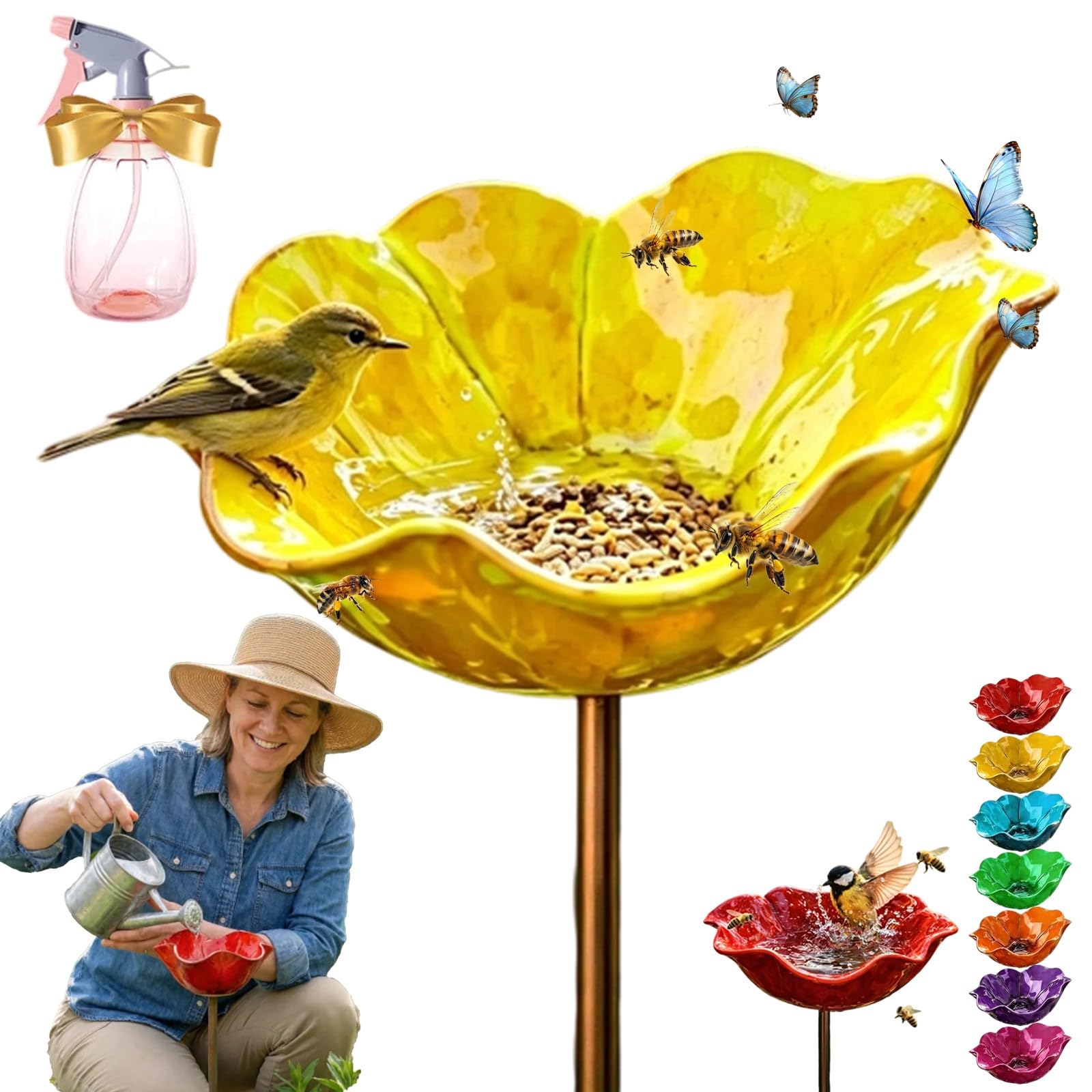 2026 New Metal Garden Stake Bird Bath, Garden Stake Flower, Bee Potion Ceramic Flower, For Bees and Birds, Bird Bath Feeding Bowl Lawn and Balcony, Your Gardens in No Time(E,1)
