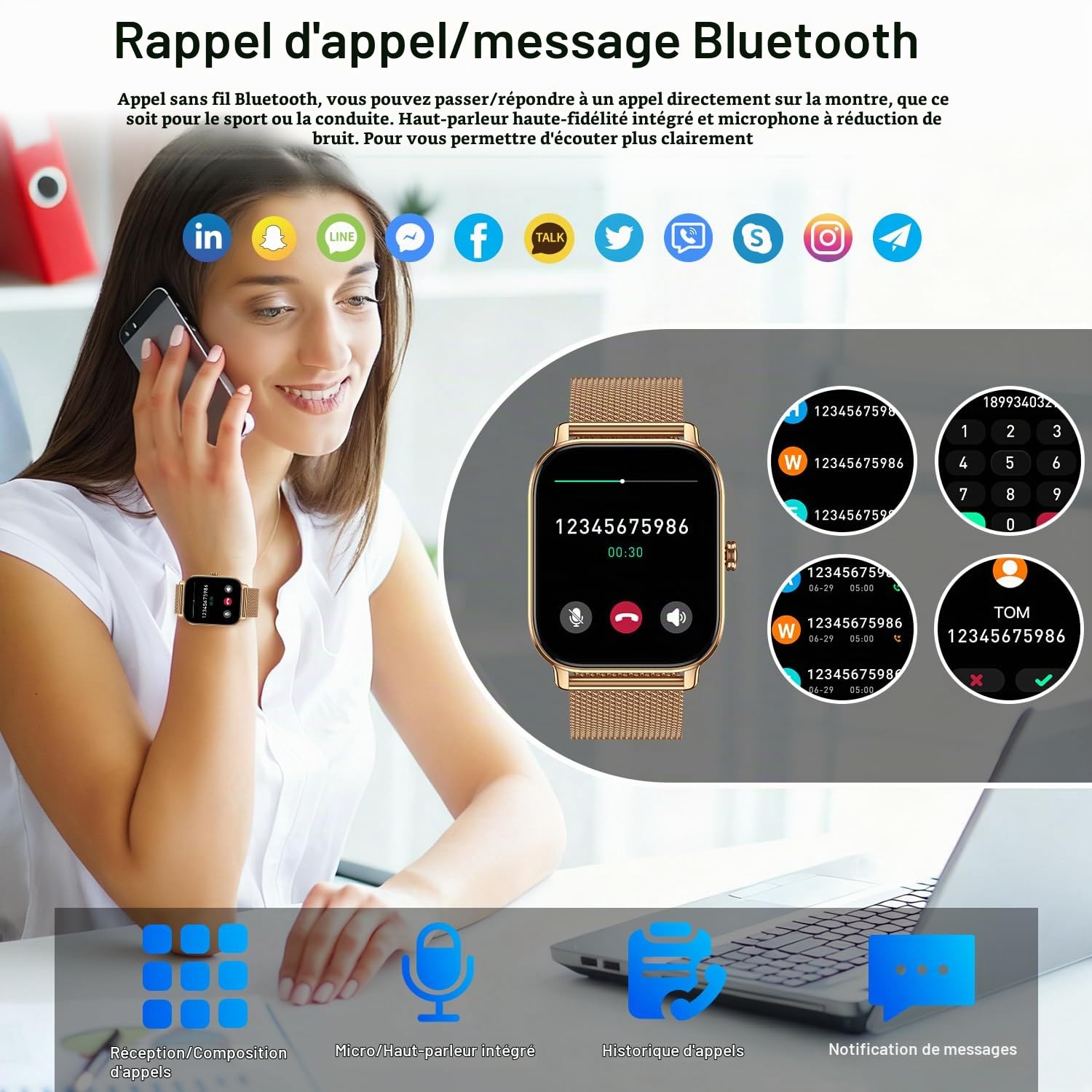 Montre Connectée Femme Homme Smartwatch: Etanche Fitness Smart Watch avec Appel Bluetooth Fréquence Cardiaque Spo2 Sommeil Moniteur 120+ Modes Sportifs Podomètre Montre Intelligente pour Android iOS
