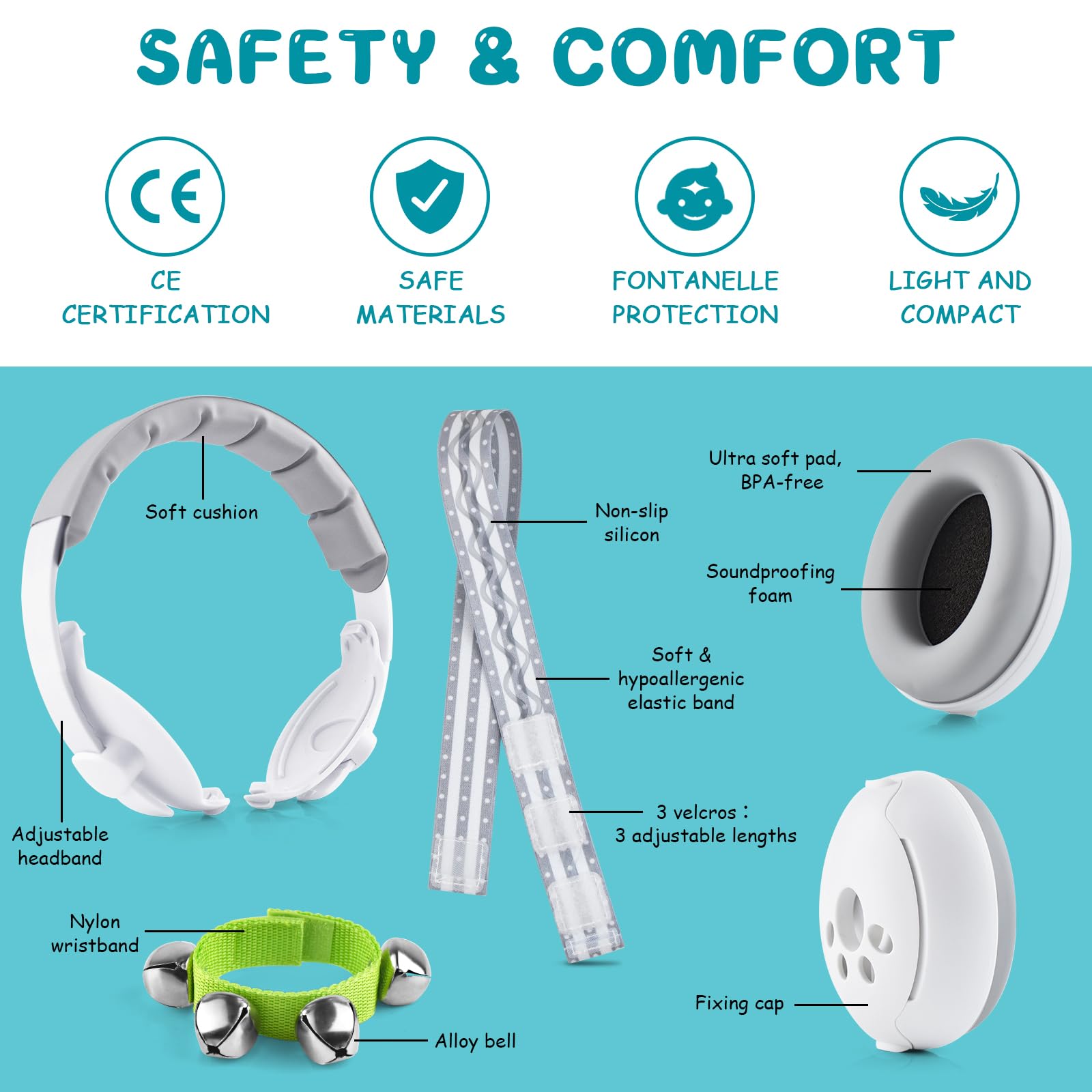 2 in 1 Cuffie Neonato Antirumore Neonati Bambini 0-4 anni Insonorizzate Rumore Aereo Concerto Bambina Protettori Acustici Protezione Udito Acustica Cuffia Morbida Baby Earmuffs + Campanelle da Polso