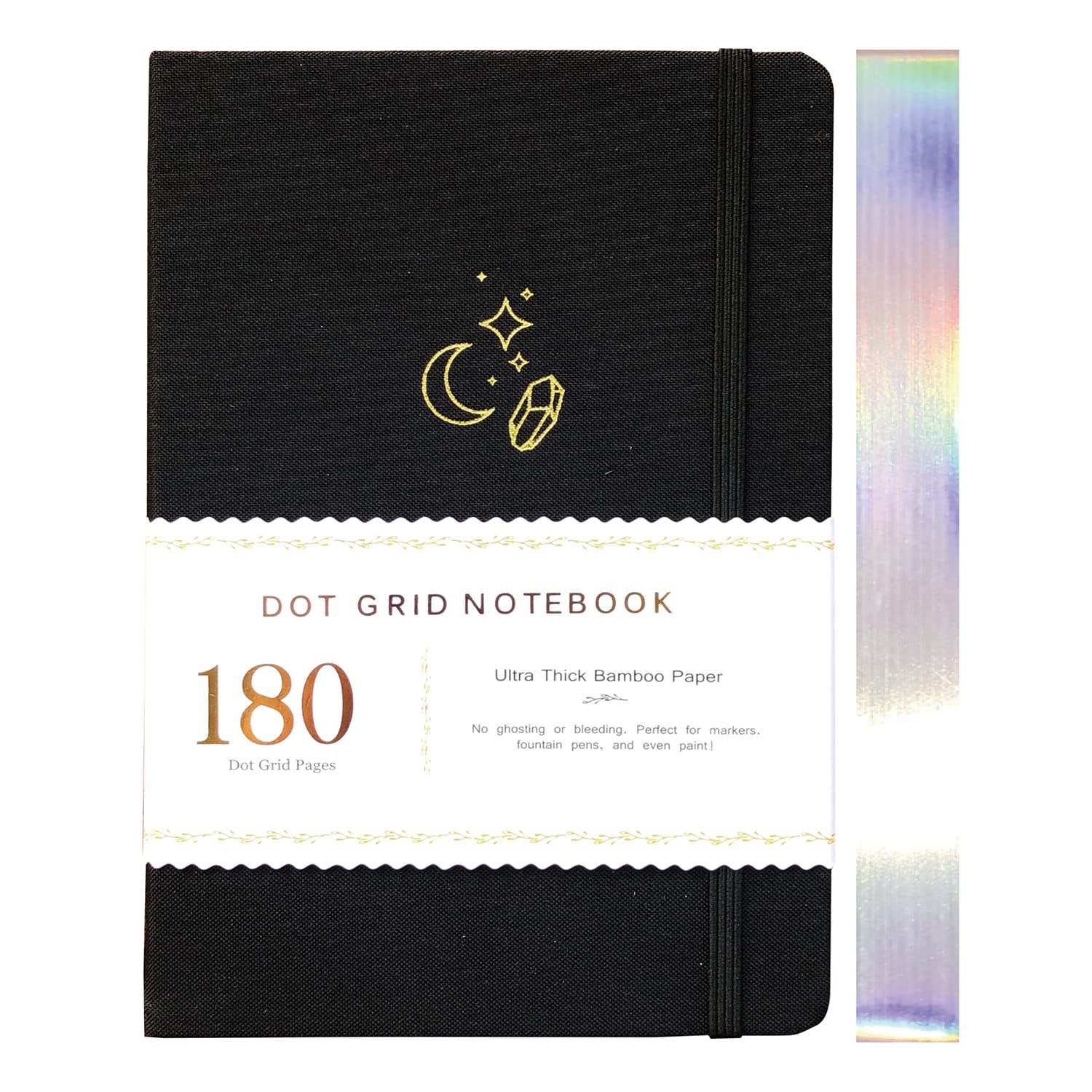 Mysterious MOON Diamond A5 Black Fabric Hardcover Dotted Notebook Dot Grid Journal 180gsm Bamboo White Paper, 5 * 5MM Dot Grid 160 Pages, Lay Flat Binding,Colored Silver Edges,Waterproof Cover