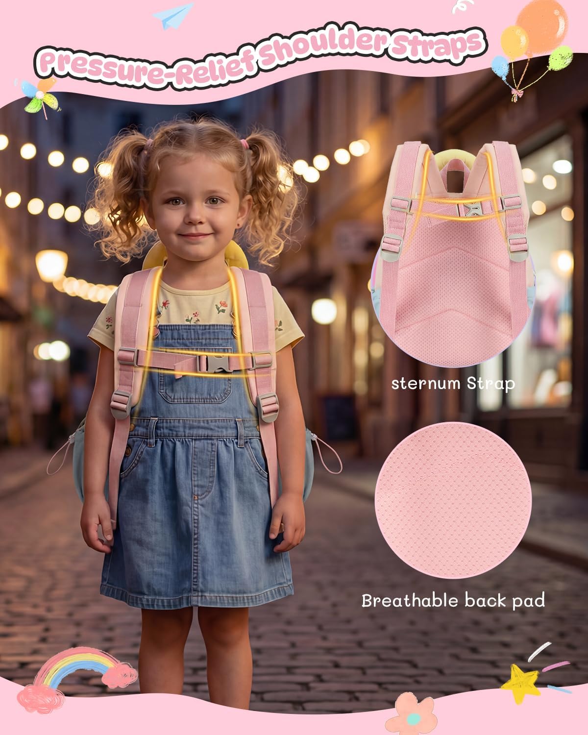 PROTAURI Sac à Dos Enfant Maternelle Fille avec Bretelles de Poitrine, Cartable Maternelle Respirant & Imperméable, Sac Enfant Maternelle Léger Macaron-Design pour 2-5 Ans, 8L, Rose Clair | Avec sangle de poitrine, imperméable, légère, respirante, ergonom