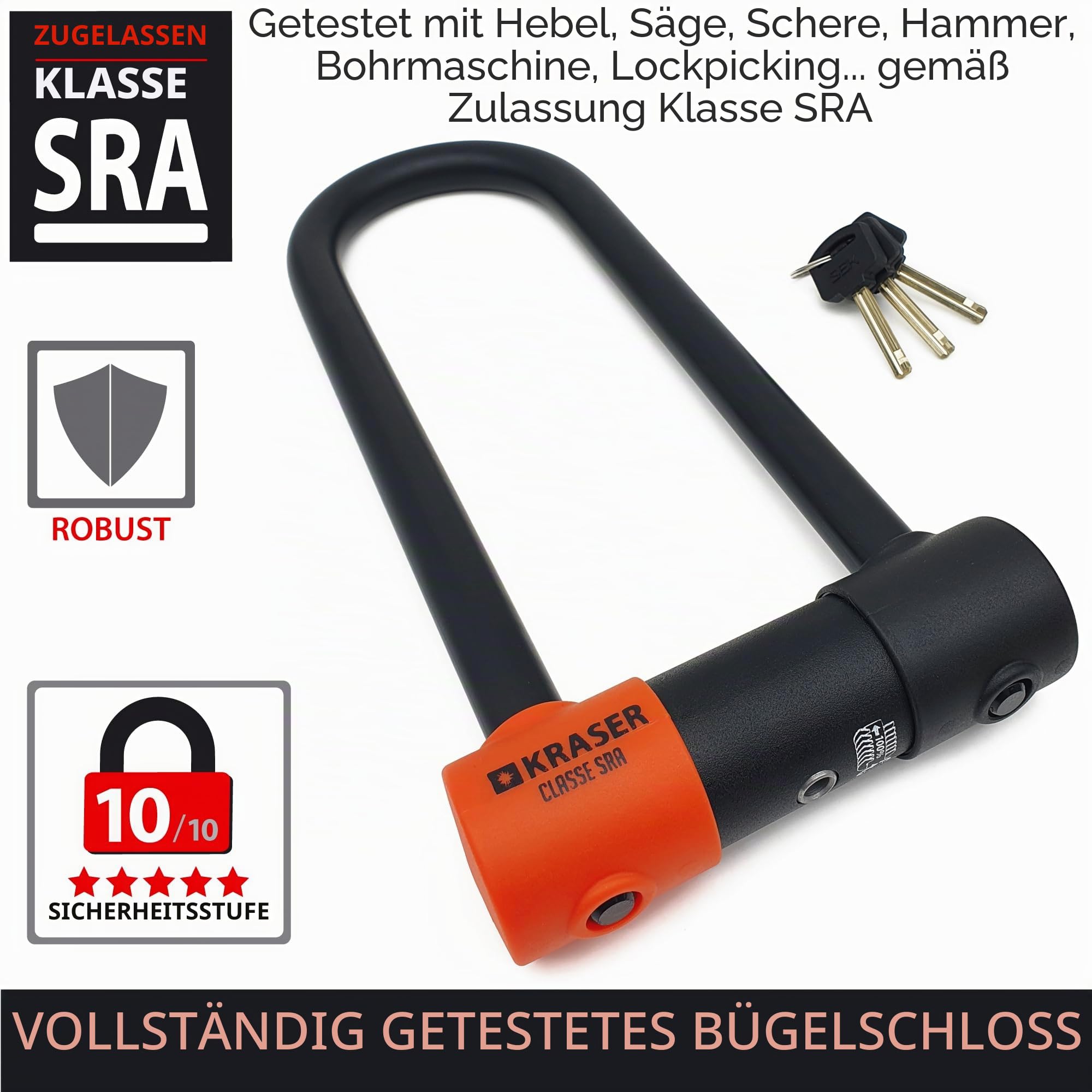 KRASER KR85M Anti-Diebstahl Motorrad Fahrradschloss Bügelschloss Vorhängeschloss U Homologiert SRA-Schloss Sicherheit Solides Schloss 85x250 Ø18 Diebstahlsicherung Motorräder Motorroller Fahrrad