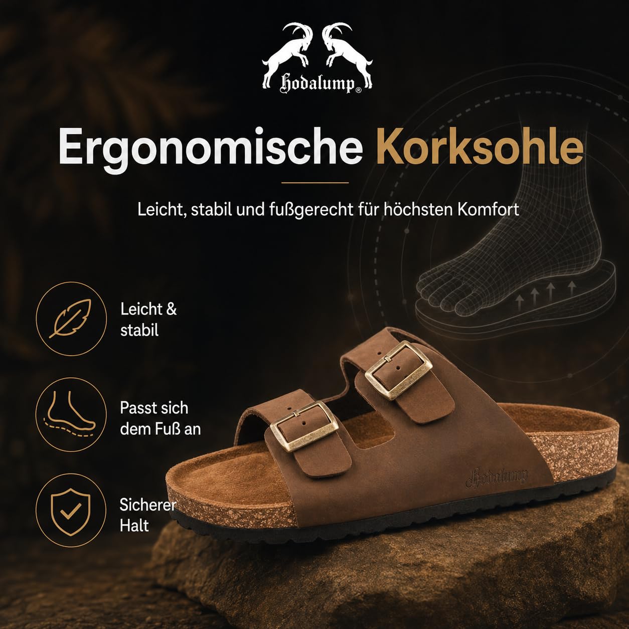 hodalump Sandalen Herren – Hausschuhe/Patschen mit ergonomischer Korksohle – Pantoffeln Rutschfest & bequem, Hauspantoffeln