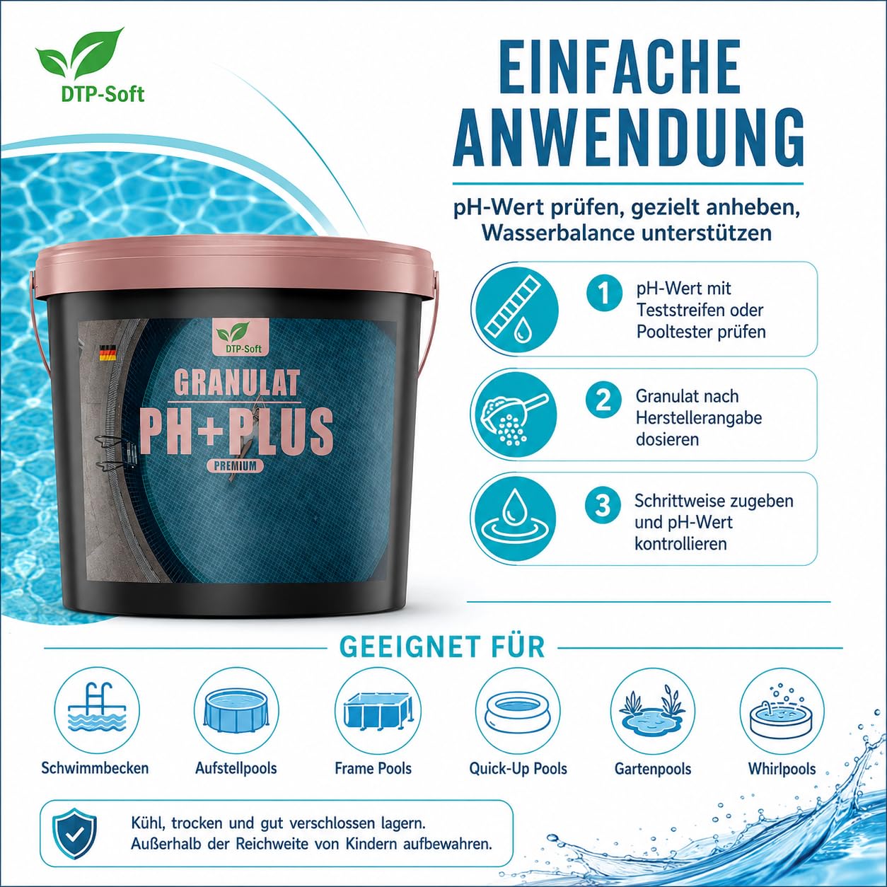pH Plus Heber Granulat 10 kg - pH Wert Heber für Schwimmbecken und Whirlpool - wasserlöslicher pH Regulator zur pH-Wert Erhöhung, Pool Wasserpflege Granulat - Premium Schwimmbadpflege