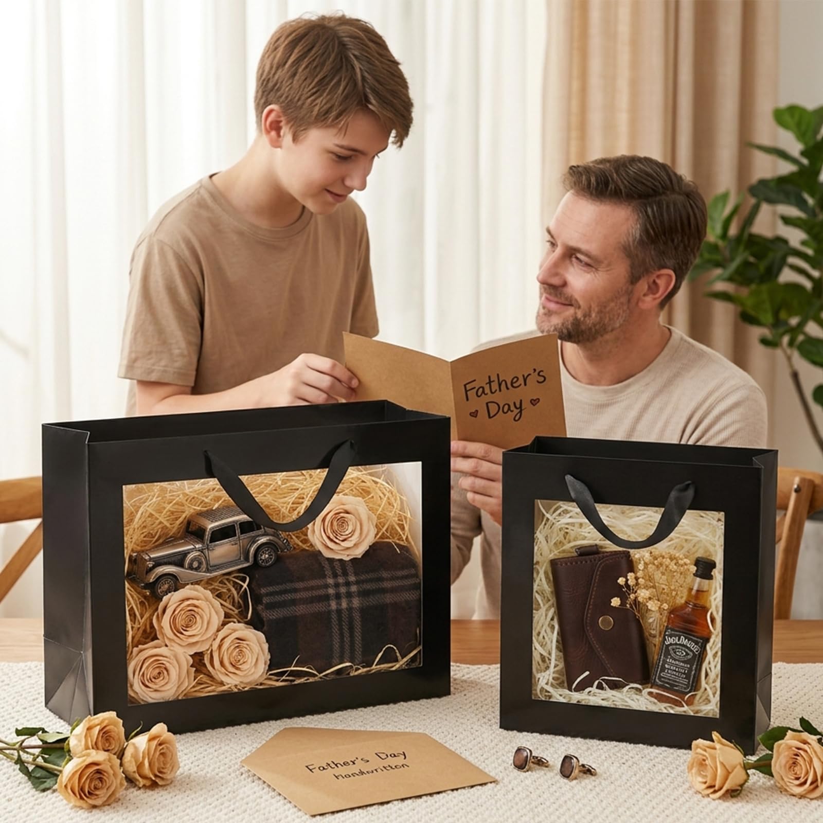 PACKQUEEN 12 czarnych torebek prezentowych z przezroczystym okienkiem, bardzo duże torebki na prezenty z uchwytami, na ślub, ukończenie szkoły, walentynki, Dzień Matki, festiwale, przyjęcie, prezent