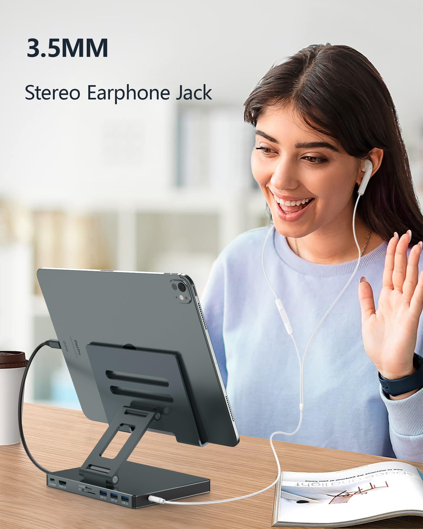 2026 iPad Pro USB C Hub Stand, Adapter for iPad Pro M5 M3 M4 13 12.9 11 Inch iPad Air Docking Station 4K 60Hz HDMI, SD/TF Card Reader, 3 USB 3.0 Port, 3.5mm Audio, iPad mini A16 Galaxy Tablet Dock