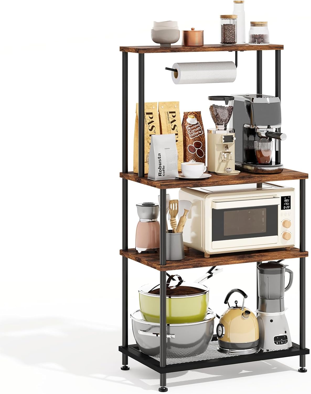 SUPERLELE 4-Tier Bakers Rack, Coffee Bar Table with Cup Hooks, Rustic Brown Kitchen Storage Shelf Microwave Stand, Reinforced Industrial Standing Rack for Home Kitchen, 23.6 x 13 x 49.2 Inches