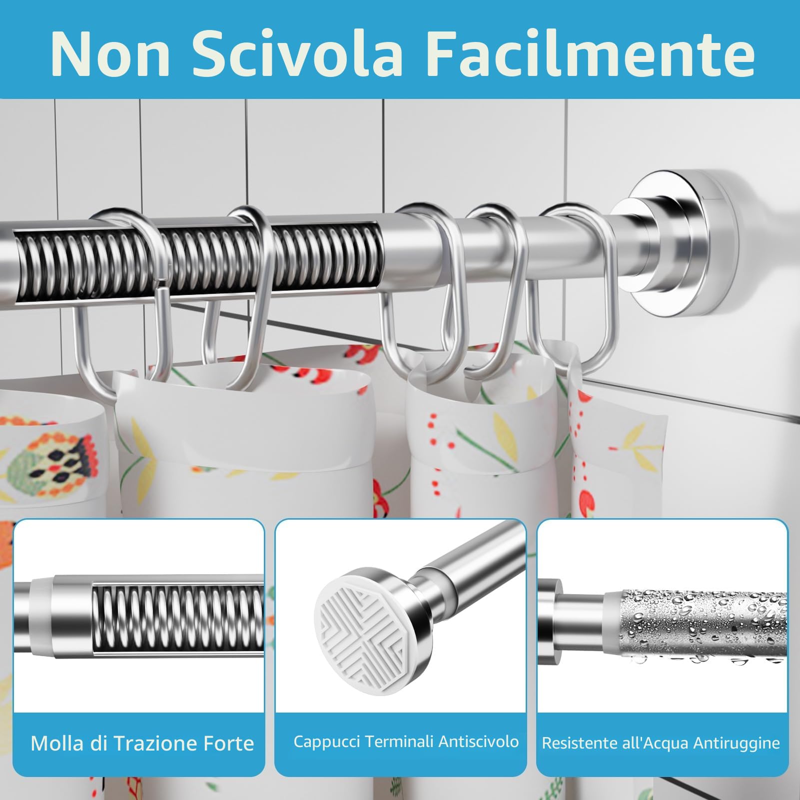 Asta per tenda da doccia senza fori in acciaio inox, asta telescopica allungabile, antiruggine e antiscivolo, asta regolabile da 70 a 195 cm, ideale per bagno, finestra, guardaroba