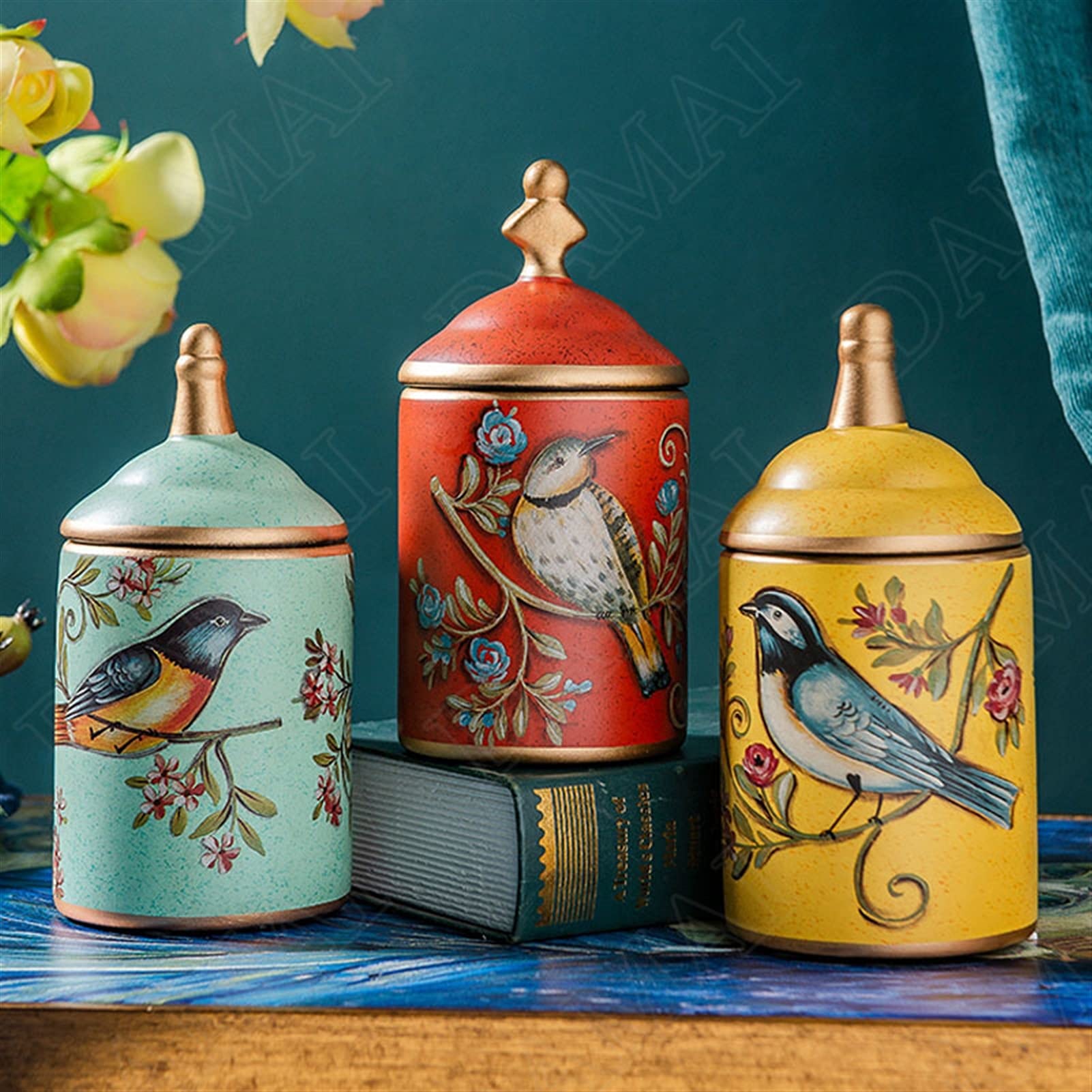 Botes para Alimentos Frascos de cerámica de Aves con Tapa Joyas de Almacenamiento Jar Dulces Tanque Mesa de café Desktop Snacks Organizer Tanques Decoración del hogar Moderno Botes Herméticos