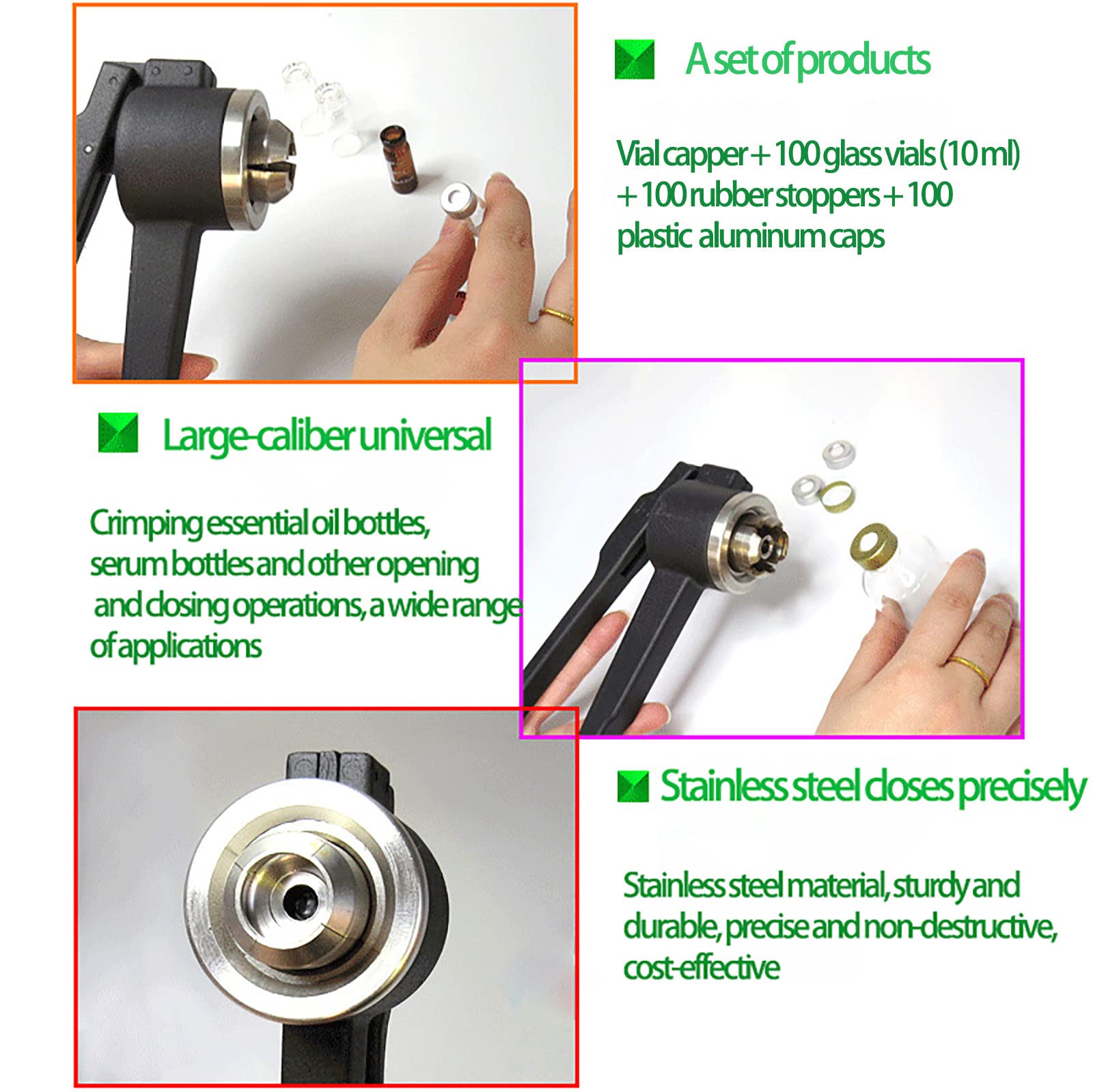 Crimpatrice manuale for sigillare le fiale, tappatrice manuale durevole/facile da usare, piegatrice for fiale da 20 mm + 100 fiale in vetro borosilicato (10 ml) + 100 coperchi in alluminio + 100 tappi