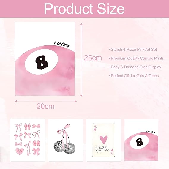 ANBOO Pink Room Decor Wall Art 25 × 20 cm Aesthetic Bedroom Decor Pink Wall Prints Aesthetic Poster for Bedroom Cute Stuff for Teen Girls Preppy Room Decor, Coquette Decor, Girly Stuff, 4Pcs