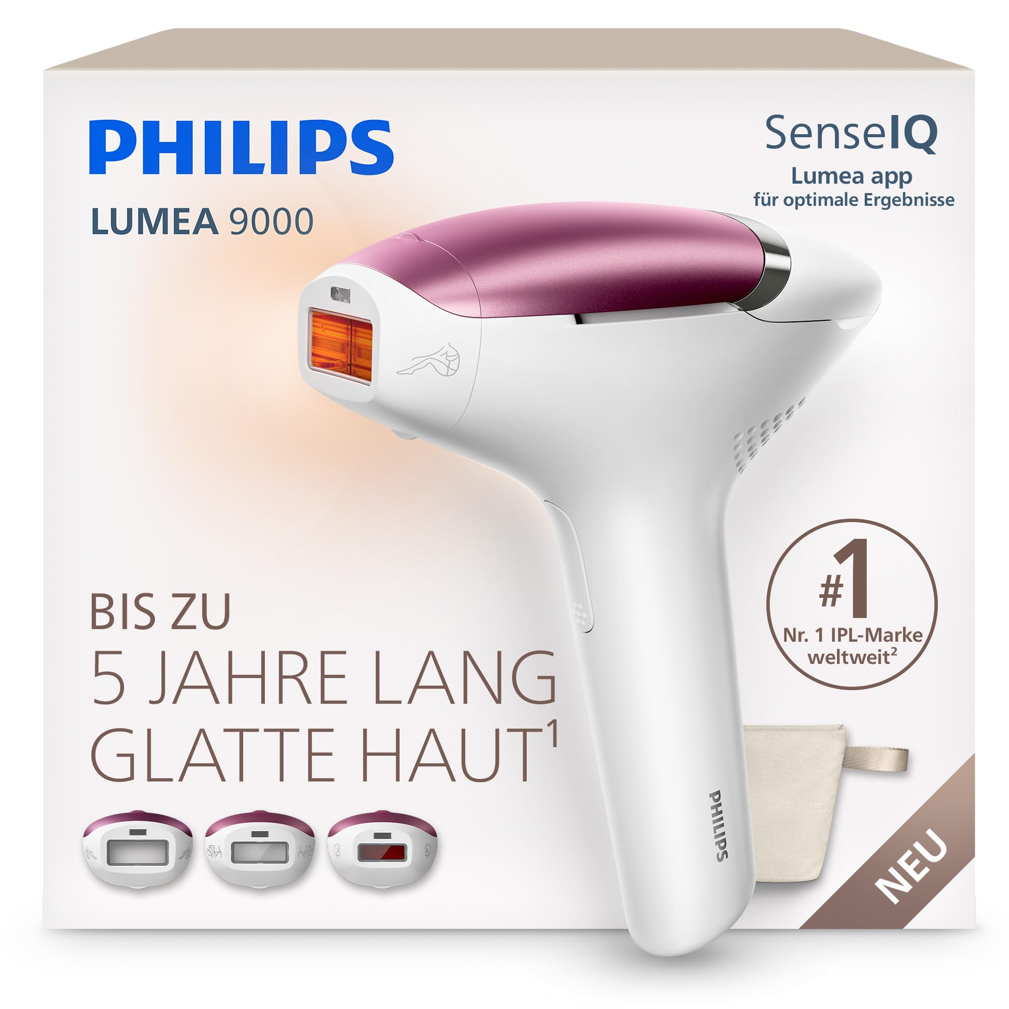 Philips Lumea 9000 IPL-Haarentfernungsgerät - Statt Laser-Behandlung im Salon, Anwendung zu Hause, Sicherheit nach medizinischen Standards, 3 Aufsätze: Körper, Gesicht, empfindliche Stellen, BRI939/00
