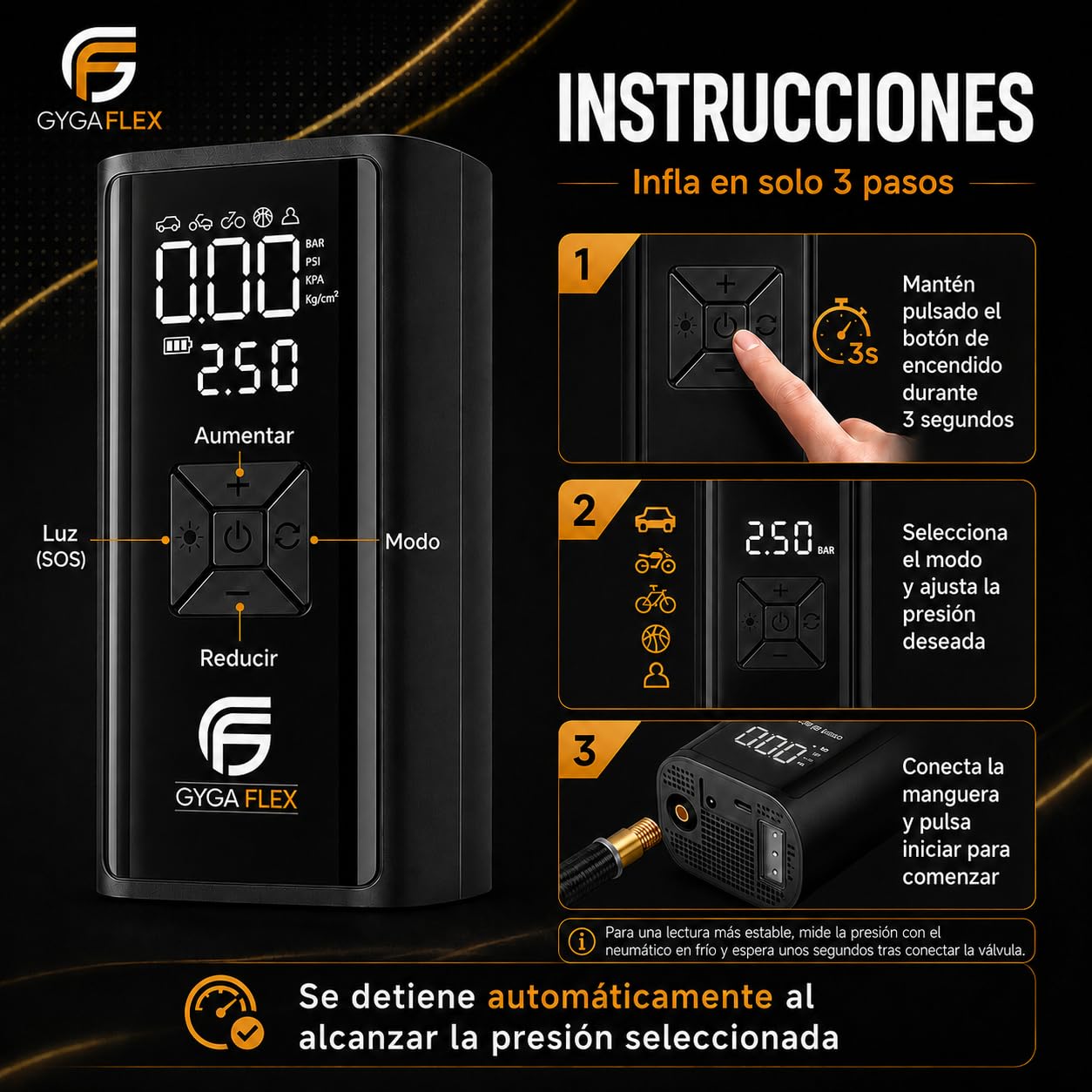 Inflador Ruedas Coche 30L/Min, Compresor Aire Portátil 150 PSI/10,3 Bar, Batería Recargable y Cable 12V 3M, Manómetro Digital, Apagado Automático, LED SOS, para Coche Moto Bicicleta Pelotas