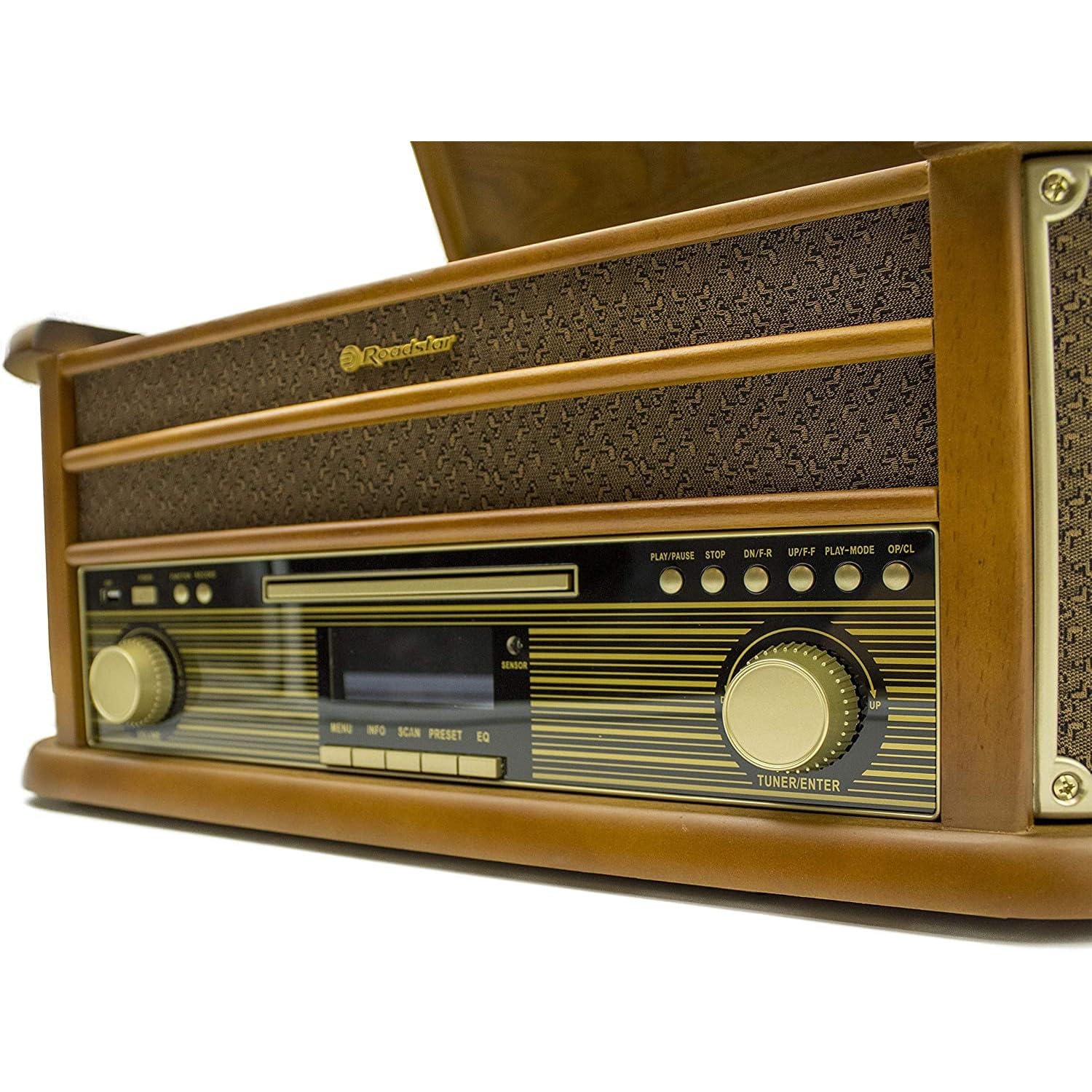 Roadstar HIF-1993BT Platine Vinyle Vintage 3 Vitesses 33/45/78, Radio FM, Lecteur CD/CDR/CDRW/CD-MP3, Cassette, Bluetooth, USB Fonction d'enregistrement, Télécommande, Rétro en Bois
