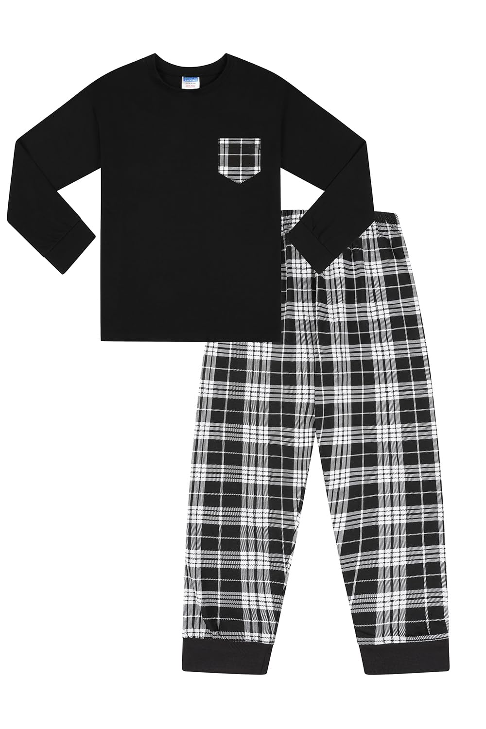 ThePyjamaFactory Pigiama lungo per bambini con tasca a quadri neri e bianchi, neri e rossi, con tasca a quadri, confezione da 3