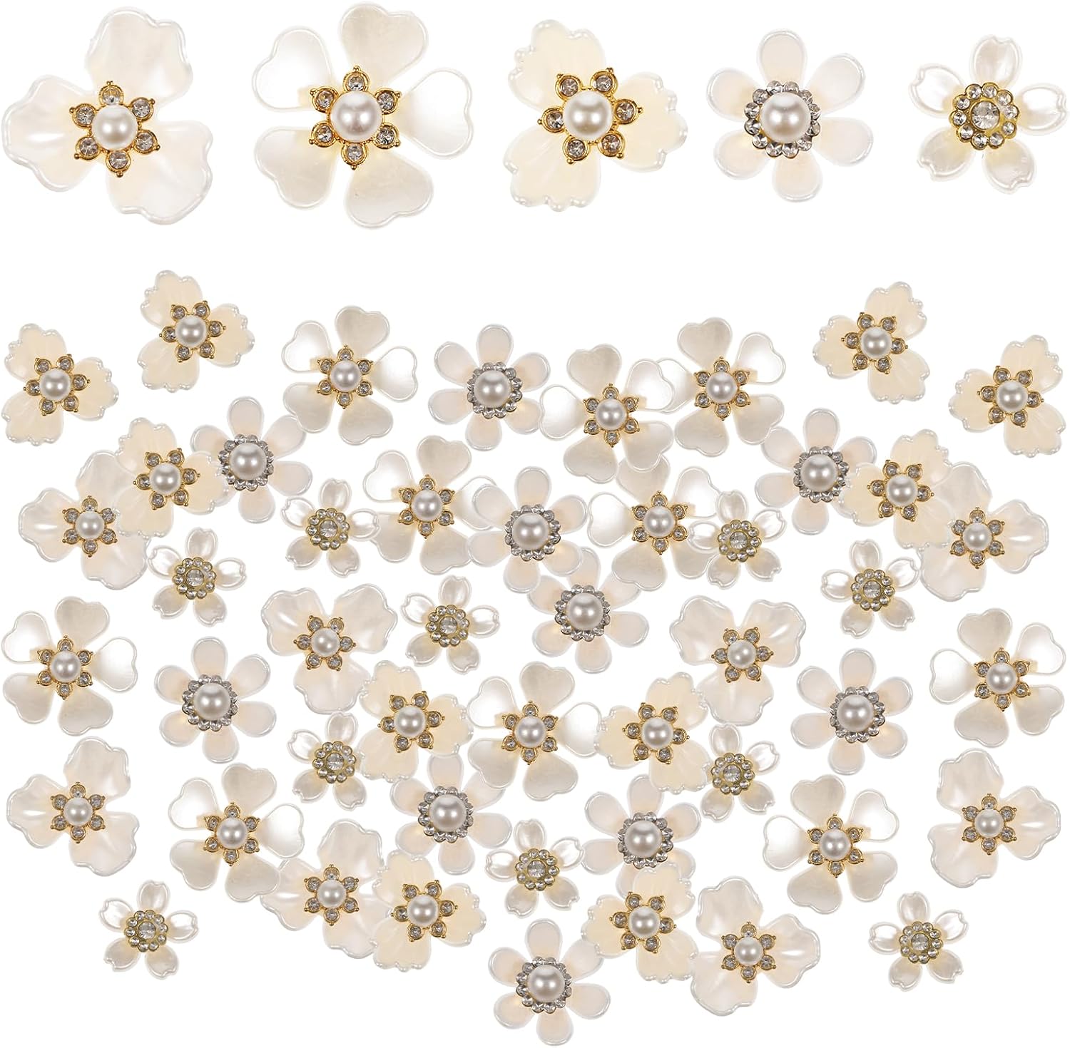 50 Pcs Rhinestone Buttons Faux Pearl Flower Embellishments Vintage Flat Back Sewing Accessory Supplies DIY Crafts Charm Decorations for Women Jewelry Making Wedding Hair Party Clothes Bags Hats