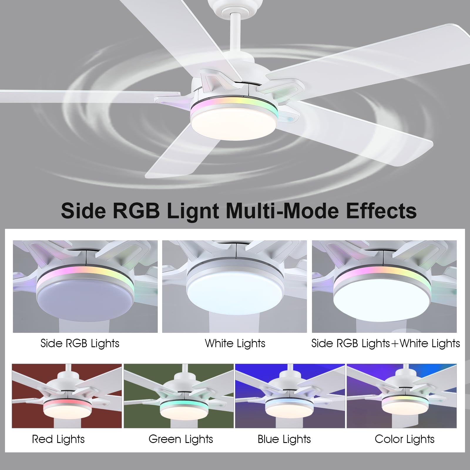 Kviflon RGB Ventilateur Plafond avec Lumiere Silencieux 132 cm, Ventilateur de Plafond avec Telecommande et APP, Plafonnier Ventilateur Led pour Chambre Salon, Réversible, Pales en Bois, Blanc