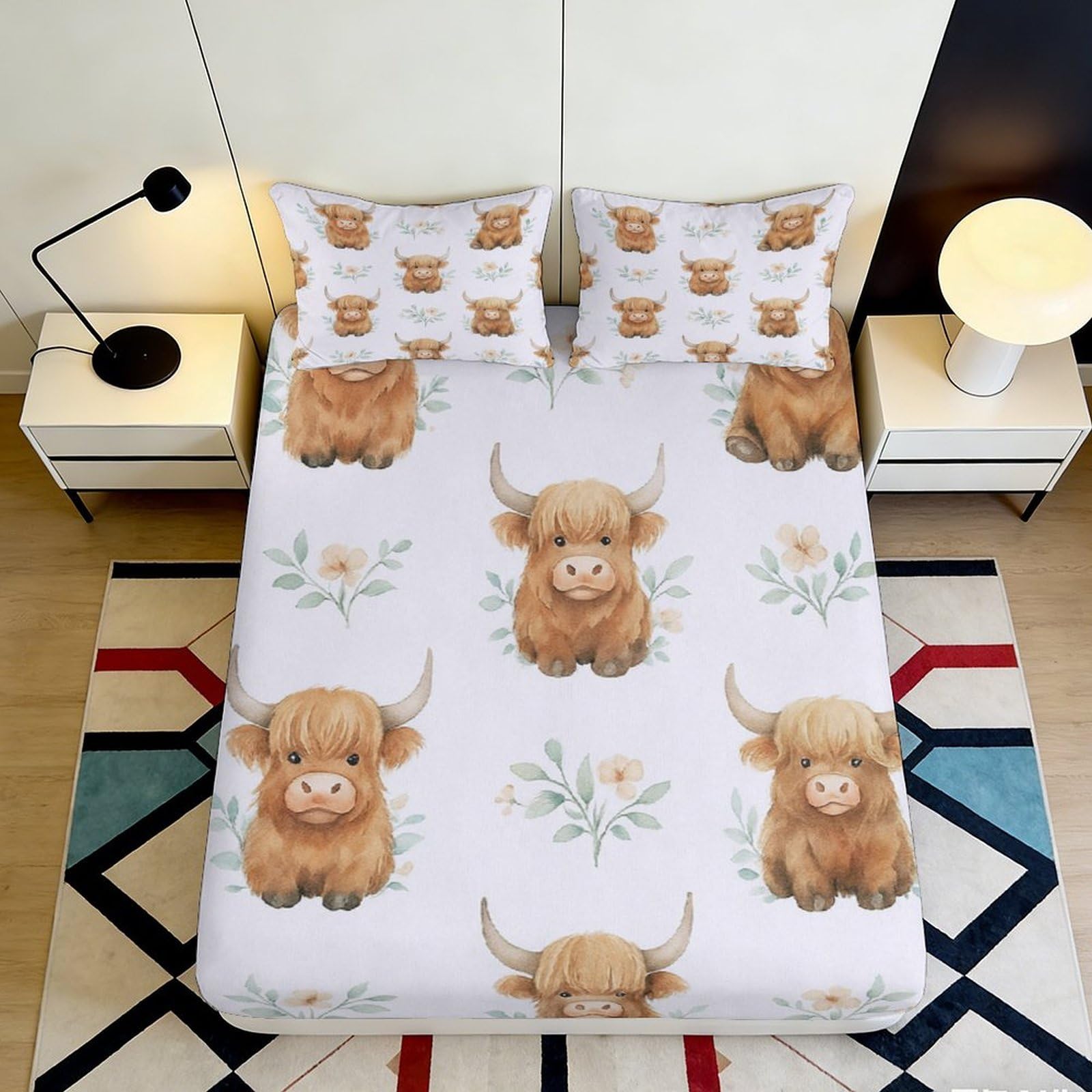 3D Printed Highland Cattle Fitted Sheet Microfiber Soft Breathable Floral Bed Cover for Bedroom Dormitory Guest Room Mattress Protection Decor 160x200x25cm