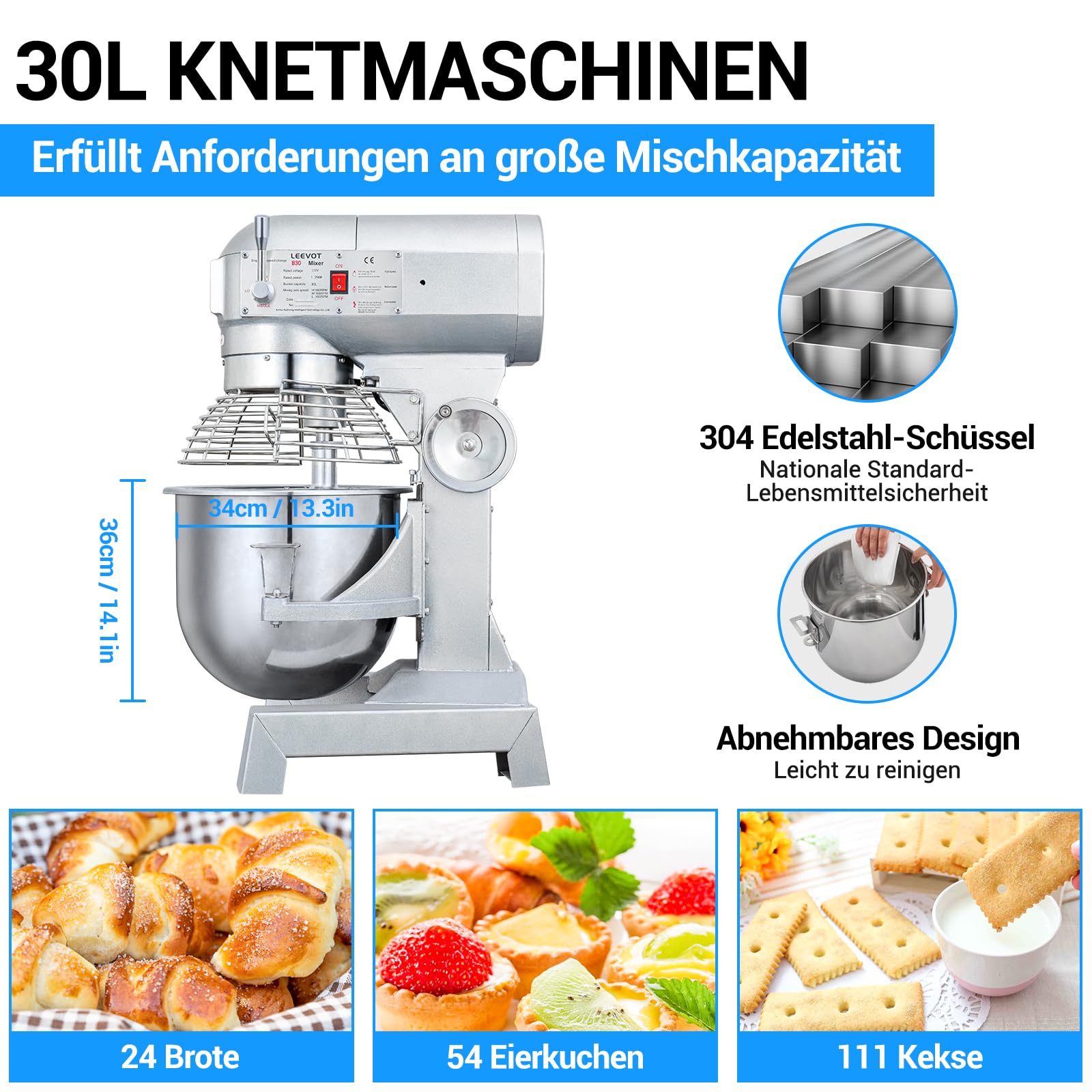 LEEVOT Impastatrice planetaria commerciale da 30L, impastatrice commerciale regolabile a 3 velocità da 1250W, impastatrice elettrica verticale per impieghi gravosi con vasca in acciaio inox per cucin