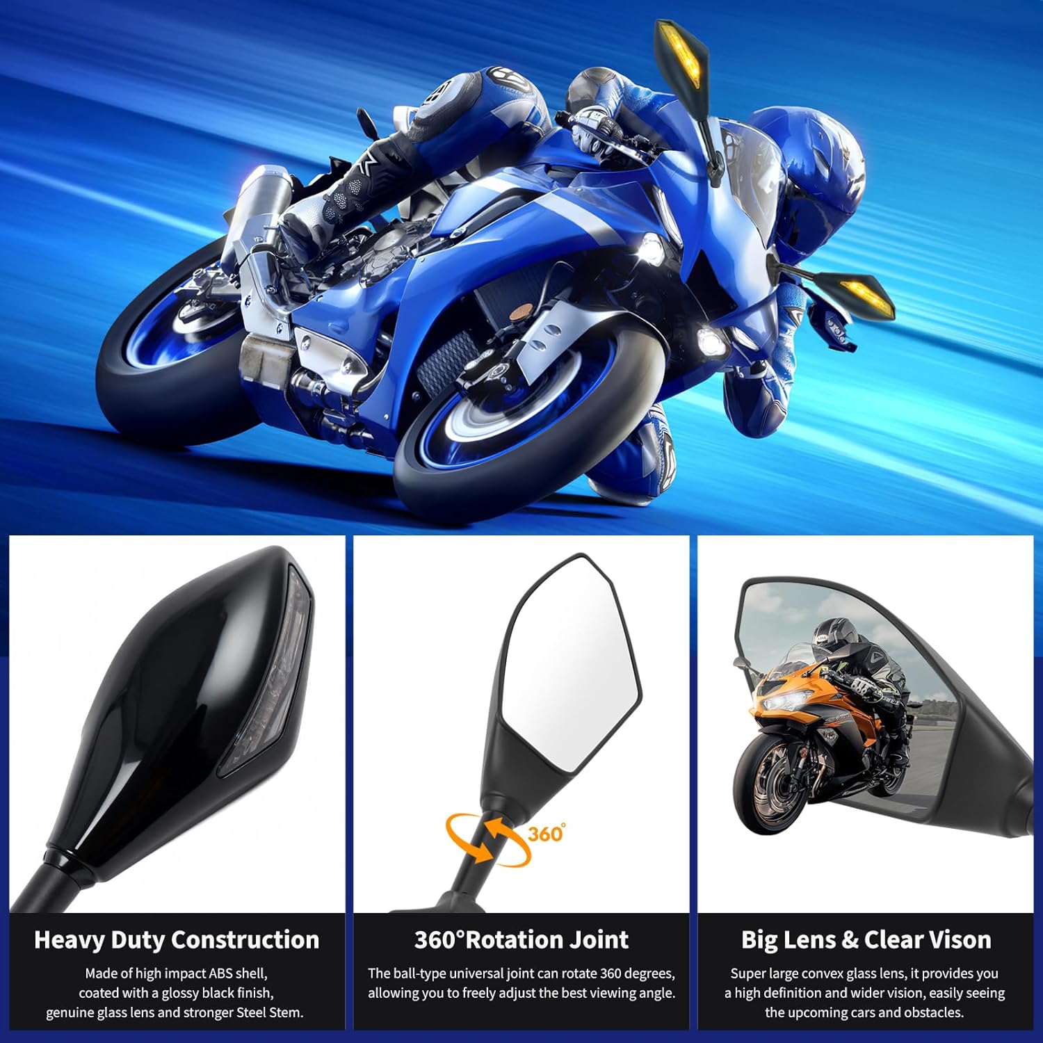 Motorcycle Rearview Mirrors With LED Turn Signal Compatible with Honda Kawasaki Suzuki