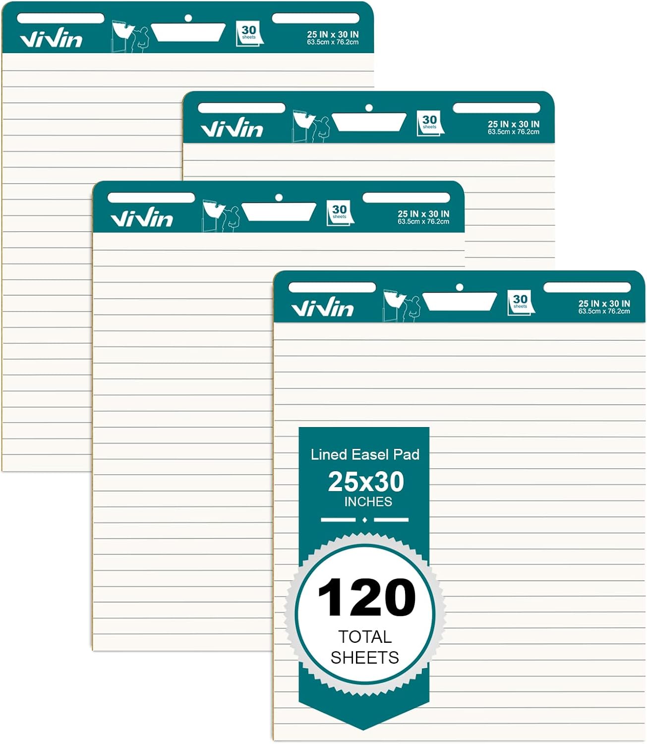 ViVin Lined Sticky Easel Pad, 25 x 30 Inches Flip Chart Paper for Teachers and Students, Large Self Stick Easel Paper, Teacher Anchor Chart, 30 Sheets/Pad, 4 Pads/Pack Lined Paper/4 Pack