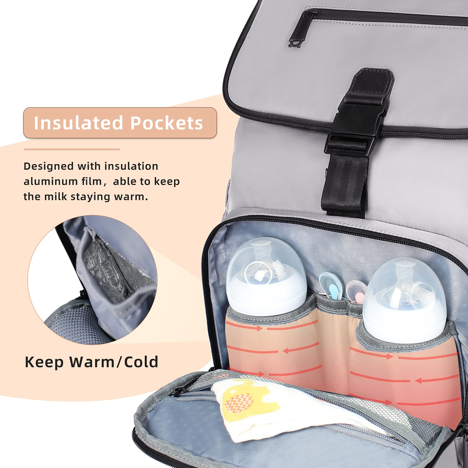 Waldseemüller Zaino Mamma Multifunzione, Tessuto Ecologico Grande Capacità Fasciatoio, Zaino per il Cambio Unisex con Materassino e Sacchetto Termico di Bottiglia (Grigio)