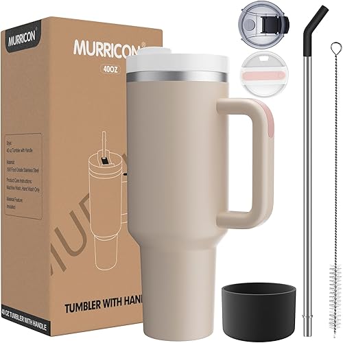 MURRICON Vaso de 40 onzas con asa y popote, vaso reutilizable con tapa, aislamiento al vacío de acero inoxidable, para café y bebidas (cuarzo rosa)