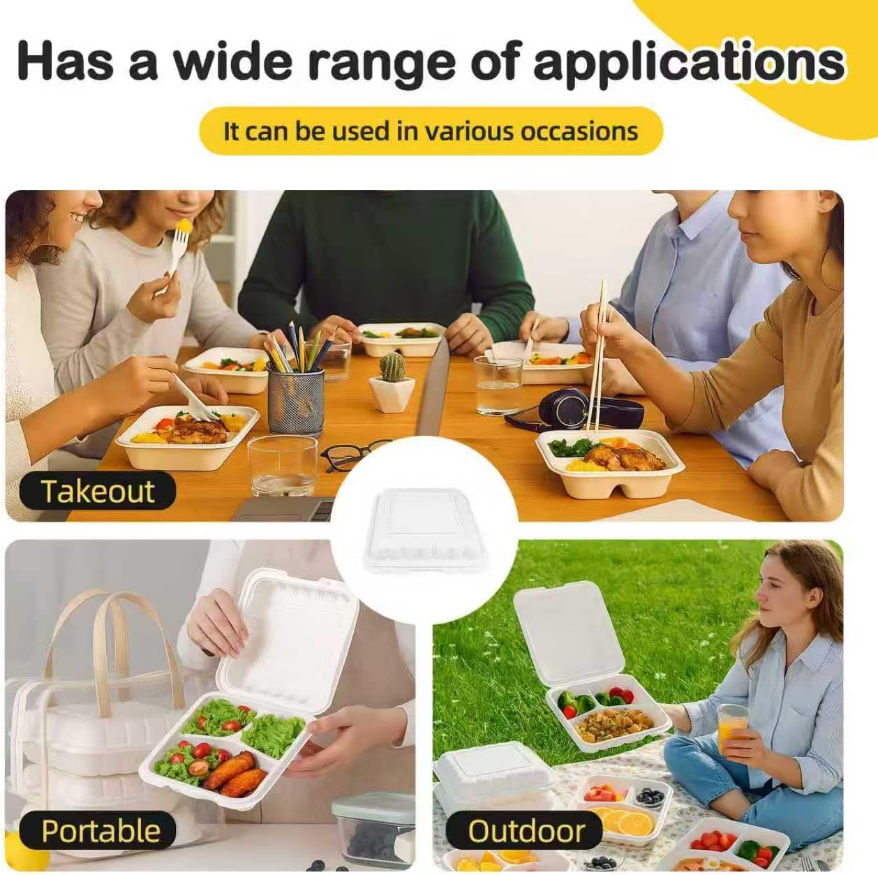 Woodpecker Plastic Food Containers (white), To Go Box, 3 Compartments, 75 Pack, 8x8x3, Heavy Duty, Microwave and Refridgerator Safe, Anti-slip, Thick and Durable, for To Go and Restaurants, PP883
