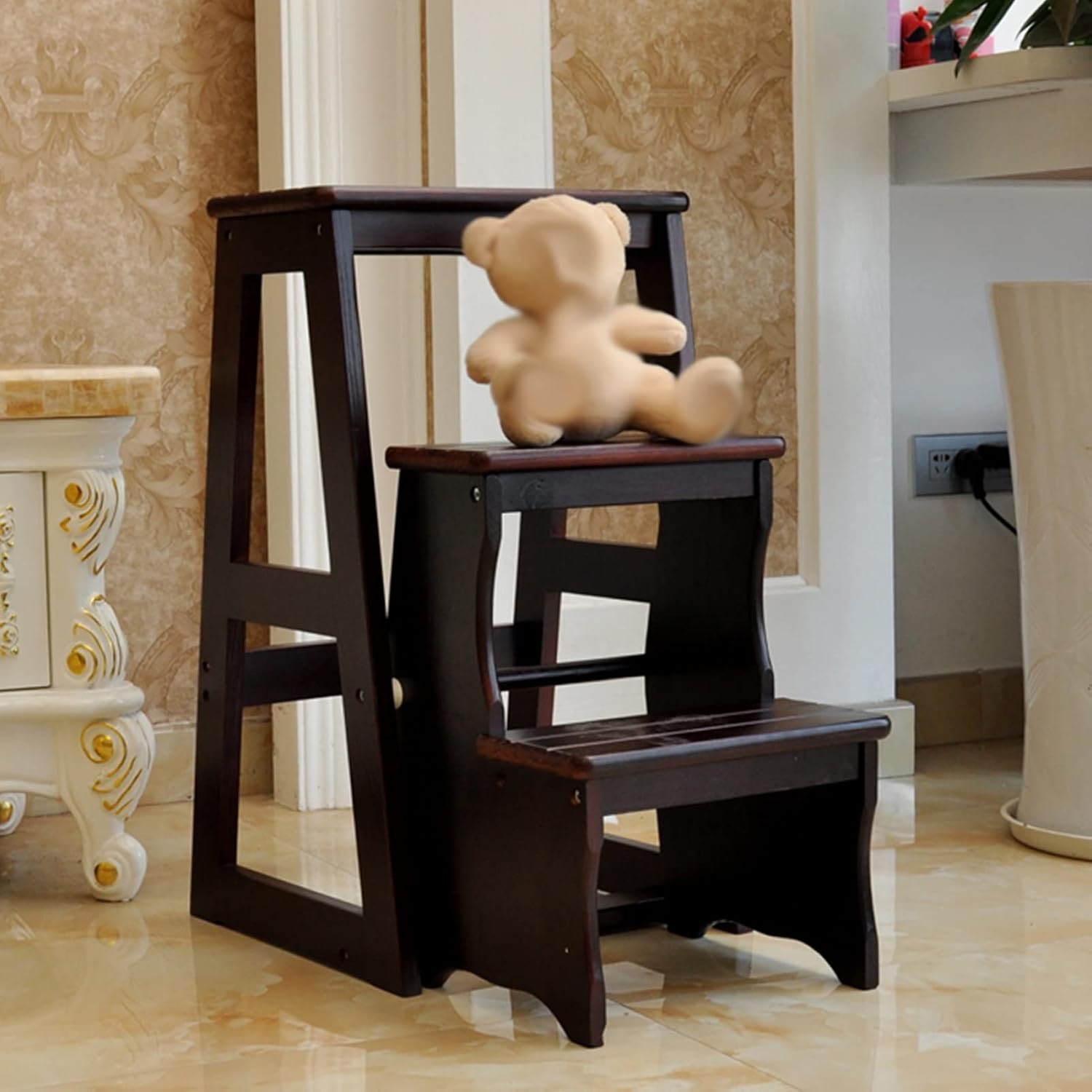 Wood Ladder Chair Portable Step Stool,3-Step Stairs Chair Home Library Climb Ladder Stool Stepladder Shoe Bench/Flower Rack, Black Walnut Color
