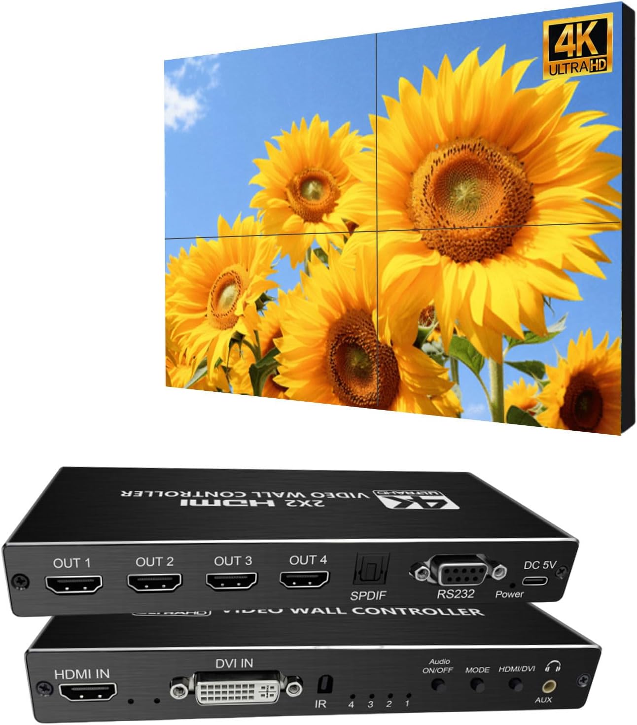 Video Wall Controller 2x2,4K60 UHD DVI&HDMIinput TV Wall Controller, Support 180 Degree Rotate, 3.5mm Audio,Memorry Function, Remote Control+ Button Press+RS232 Control 1x1 1x2 2x1 1x3 3x1 1x4 4x1