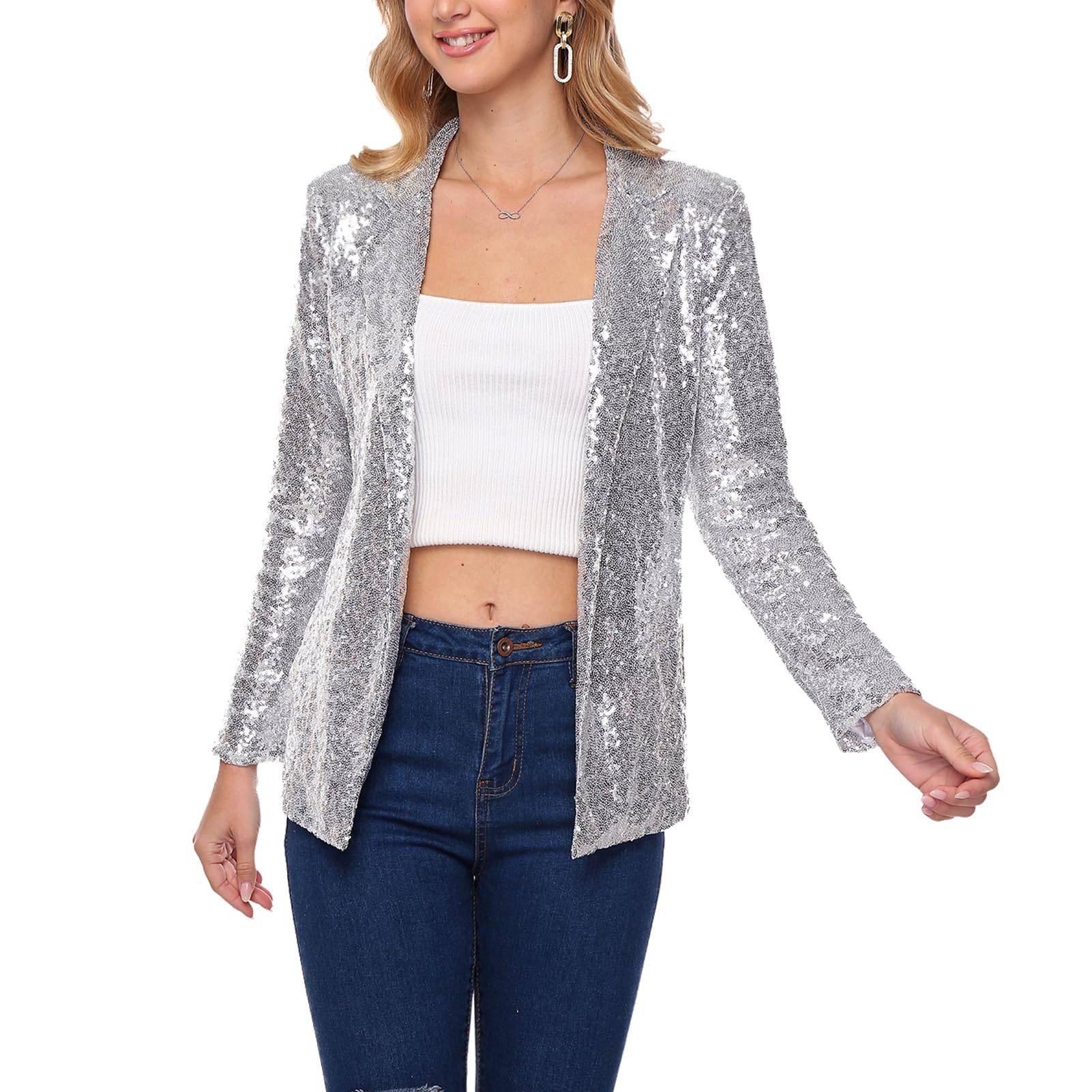 Blazer à paillettes pour femme - Manches longues - Ouvert - Pour fête - Cardigan - Vêtement d'extérieur - Décontracté