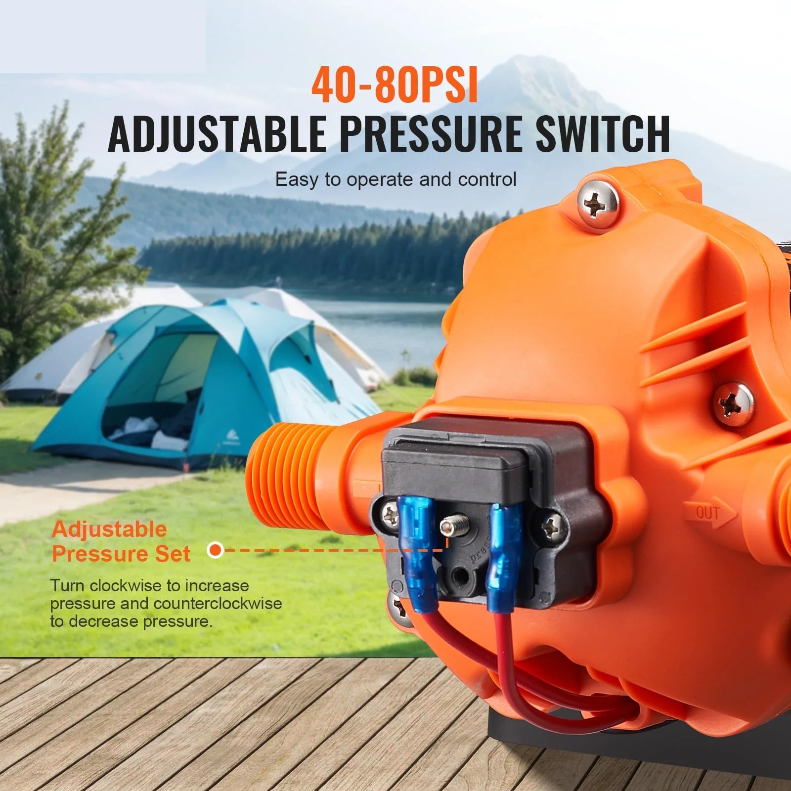 Bomba de diafragma de 12/24 V, 40-100 PSI, puerto MNPT ajustable de 1/2'' for autocaravanas, yates, camiones de comida y caravanas.(12v)