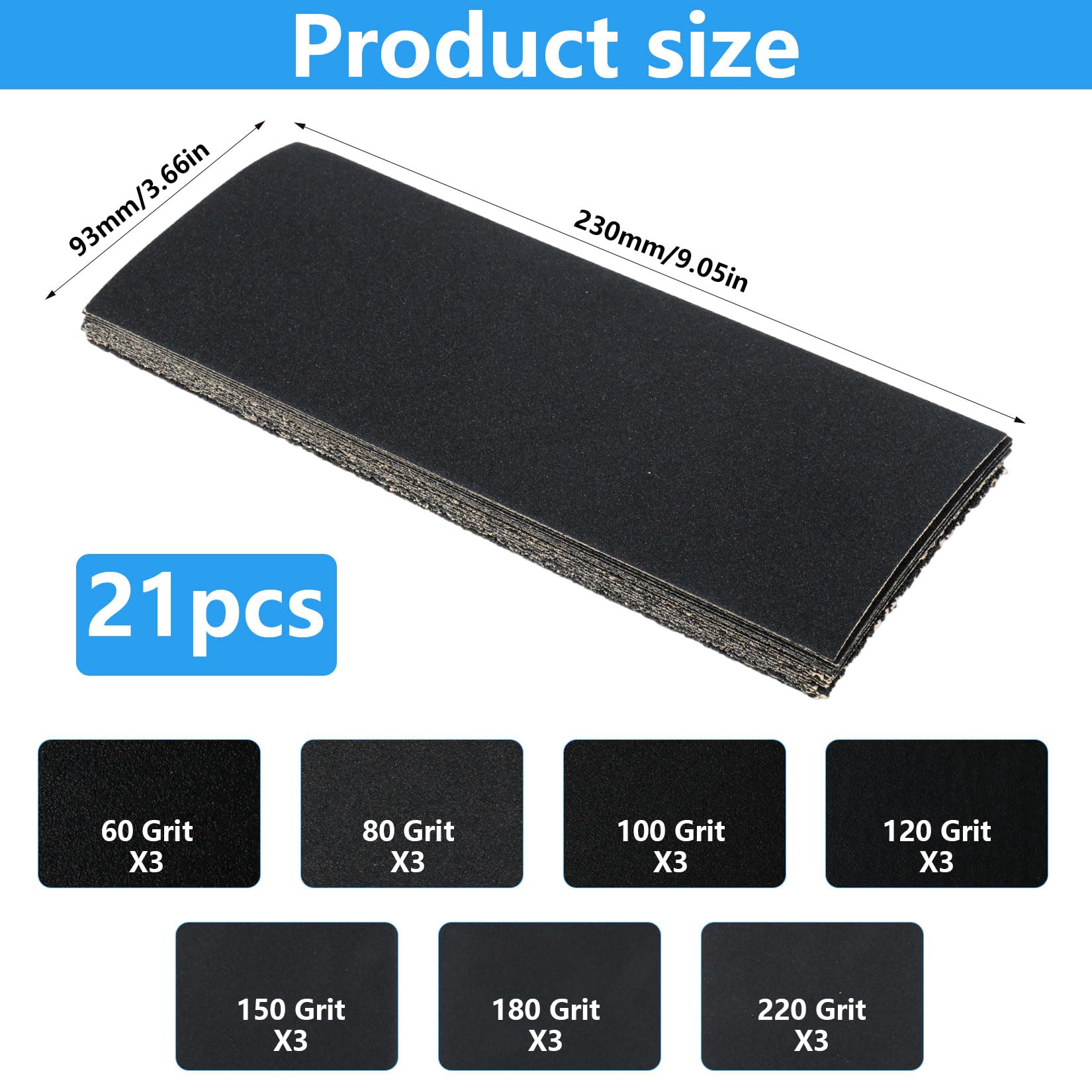 21 Pcs Papel Lija Madera, Sandpaper Grano 60 a 220, Papel de Lija para Madera, paredes, vidrio, plástico y automóviles (23 x 9,3 cm)