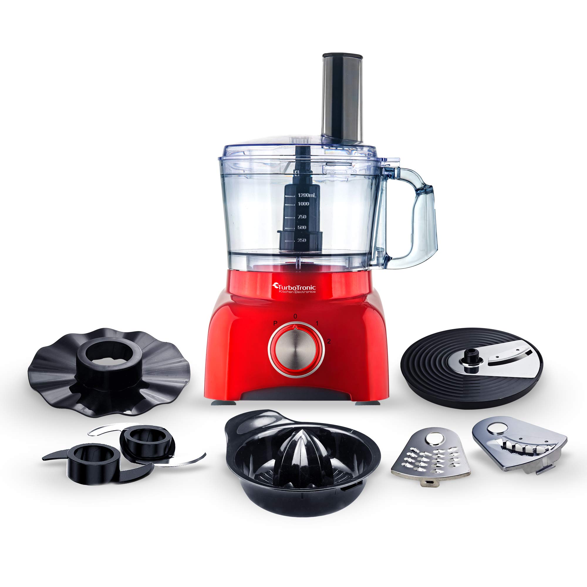 TurboTronic Food Processor 1,2L schwarz, rot, Küchenmaschine mit Mixaufsatz, Raspelscheiben, Zitruspressenaufsatz