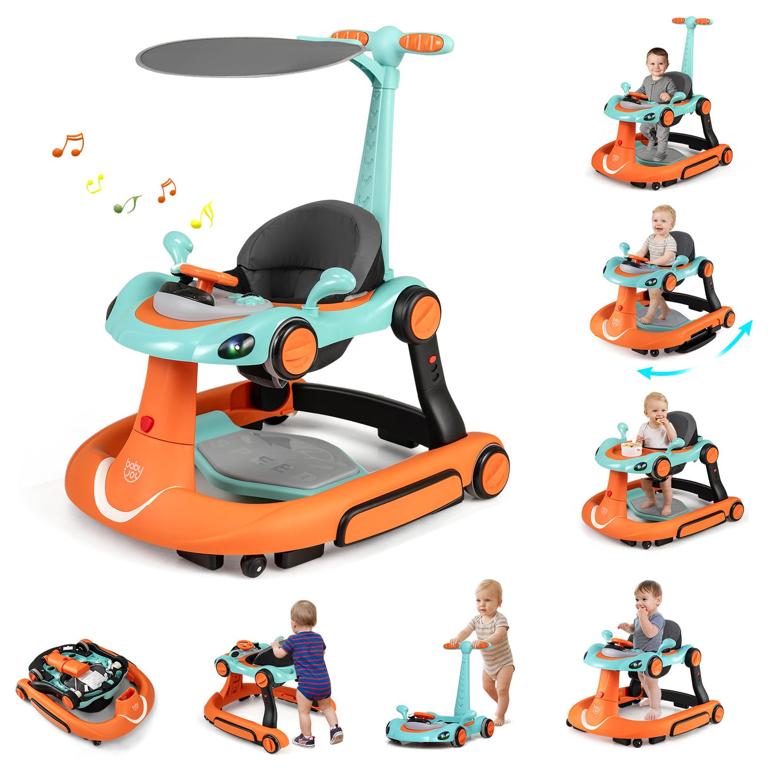 BABY JOY 7-in-1 Baby Walker Foldable Baby Walker and Bouncer Combo with Handle Adjustable Height Speed Music Lights