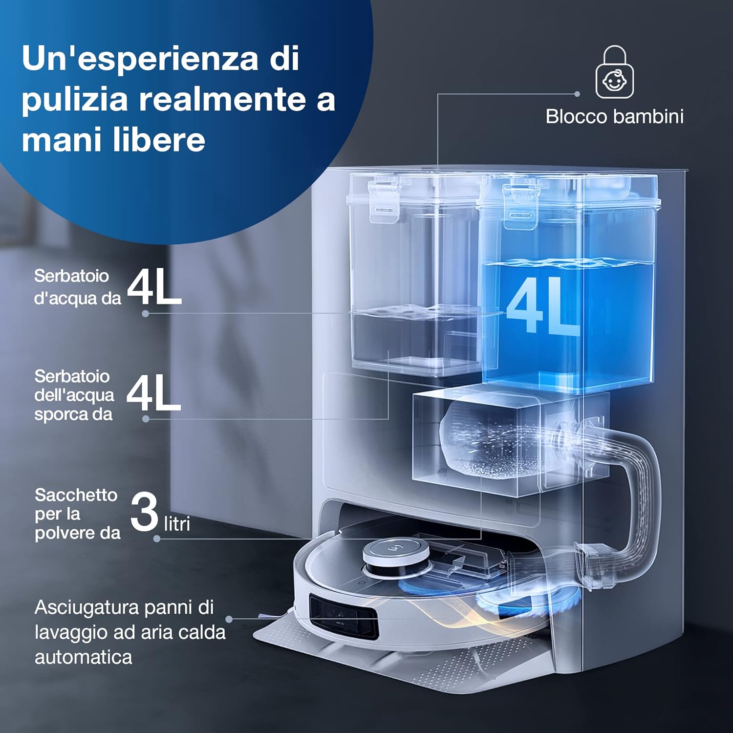 ECOVACS DEEBOT X1 Omni Robot Aspirapolvere, Lavaggio Automatico del Panno/Asciugatura Ad Aria Calda/Riempimento Acqua/Svuotamento Automatico, 260 Minuti, 360 mq, Mappe 3D, videochiamata