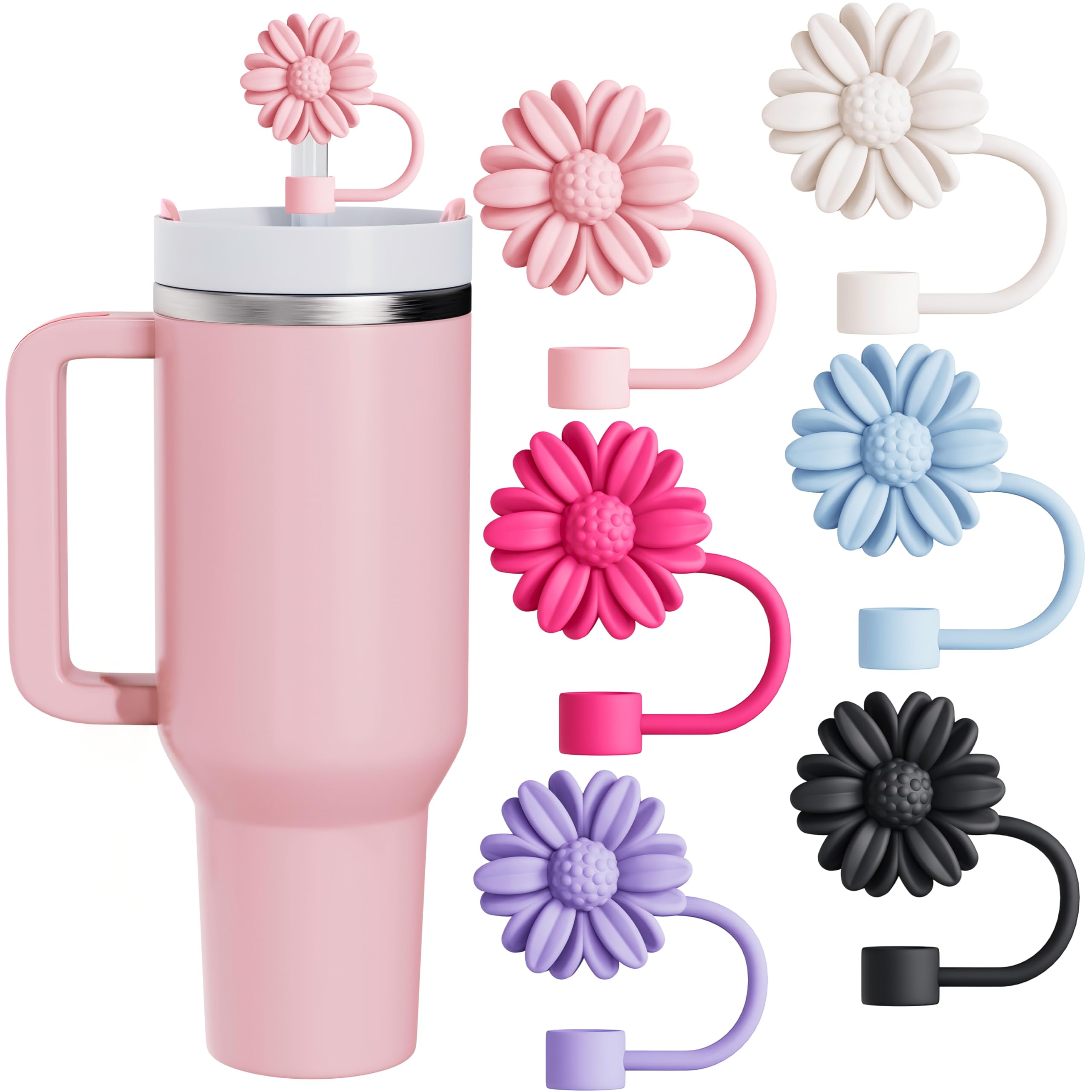6Pcs Straw Toppers, Cute Flower Straw Covers Cap for Stanley Cup Accessories, 10mm Silicone Drinking Topper for Stanley 30&40 Oz Tumbler Cups-image-8