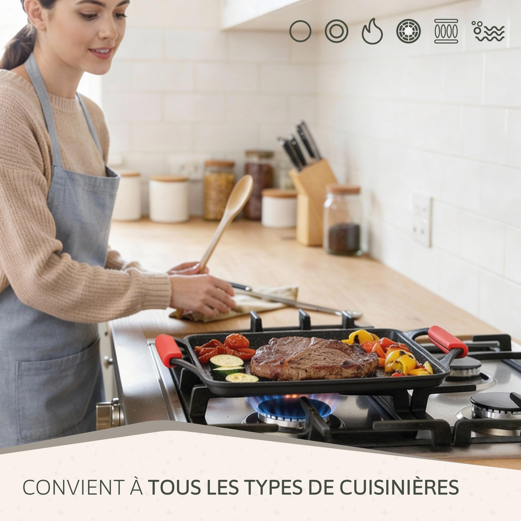 briebe Black Titanium Plaque à Griller Induction Anti-adhésif Titane, Fonte d'Aluminium, Plancha Grill 43 X 25cm, Revêtement sans PFOA, Poignées en Silicone, Vitrocéramique, Gaz, Four