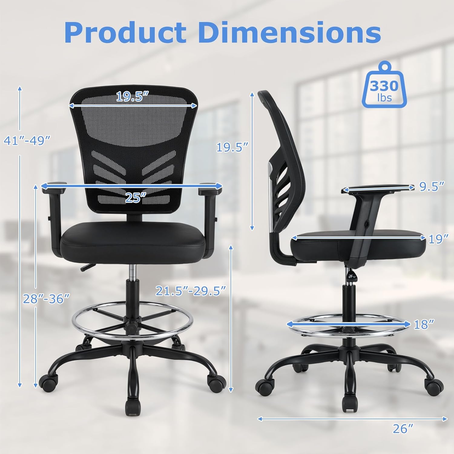 COSTWAY Tall Office Chair, Ergonomic Mesh Back Counter Height Standing Desk Chair w/Adjustable Footrest & Armrests, Rolling Height Adjustable Computer Drafting Chair for Home Office, Black