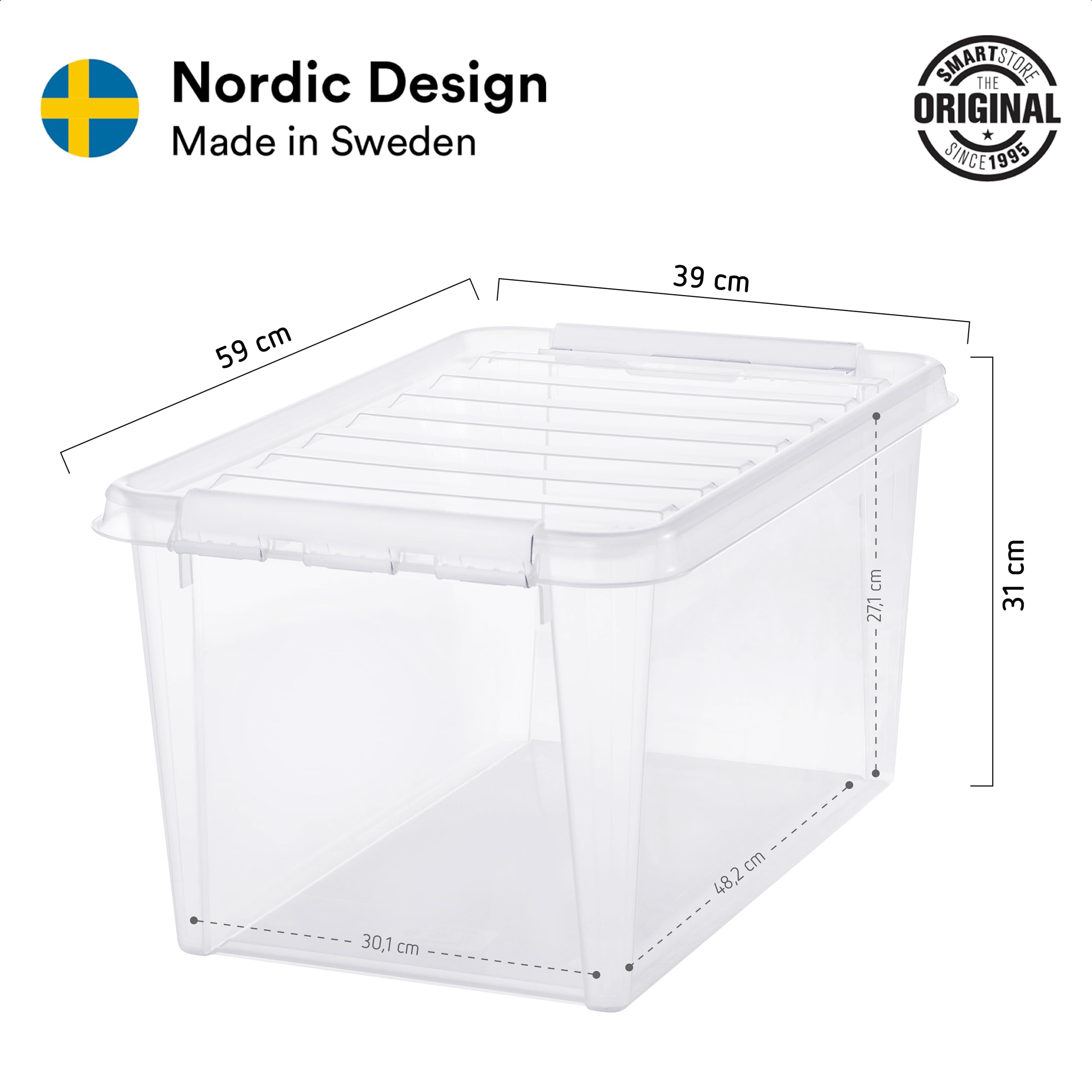 SmartStore Pudełka do przechowywania 46 L – 5 przezroczystych pudełek z pokrywką i zamknięciem na klips, białe, nie zawierają BPA, przeznaczone do kontaktu z żywnością, 50 x 39 x 41 cm, przezroczyste