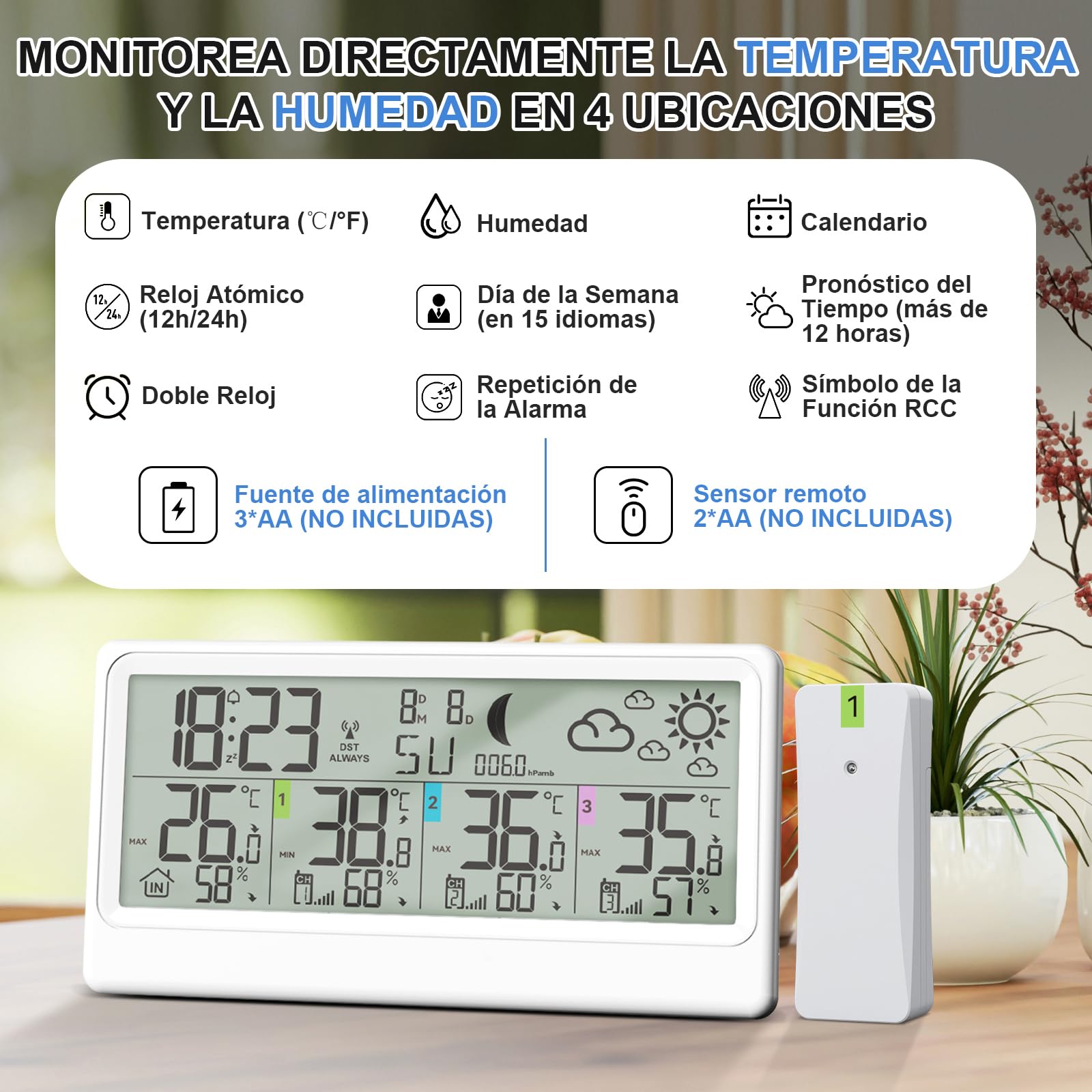 Estacion Meteorologica Inalámbrica Con 3 Sensores, Termómetro Higrómetro Barómetro Interior Exterior Pantalla LED De 8.5', Reloj Atómico Pronóstico Del Tiempo Temperatura Humedad Reloj Digital Alarma