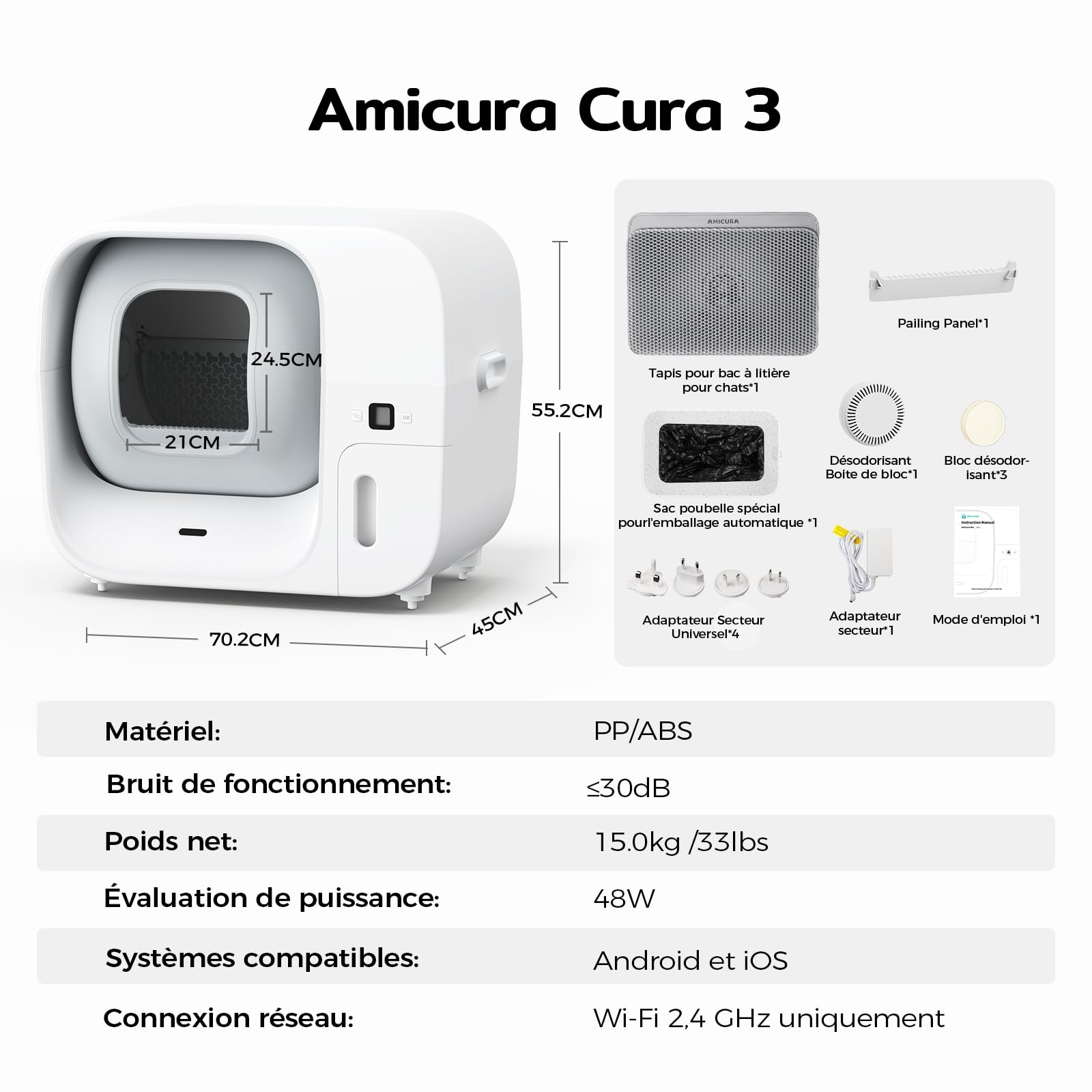 Amicura Cura3 Litiere Chat Autonettoyante Bac à Litter Automatic Sécurité TÜV Anti-Pincement Contrôle APP Anti-Odeur Anti-Fuites