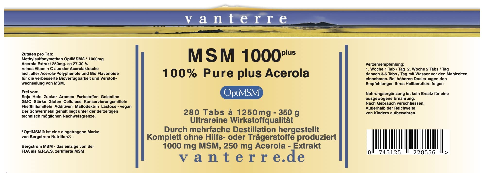 Balchem OptiMSM* El MSM más puro, seguro y cualitativamente duradero del mundo: v a n t e r r e MSM 1000 plus - 280 pestañas